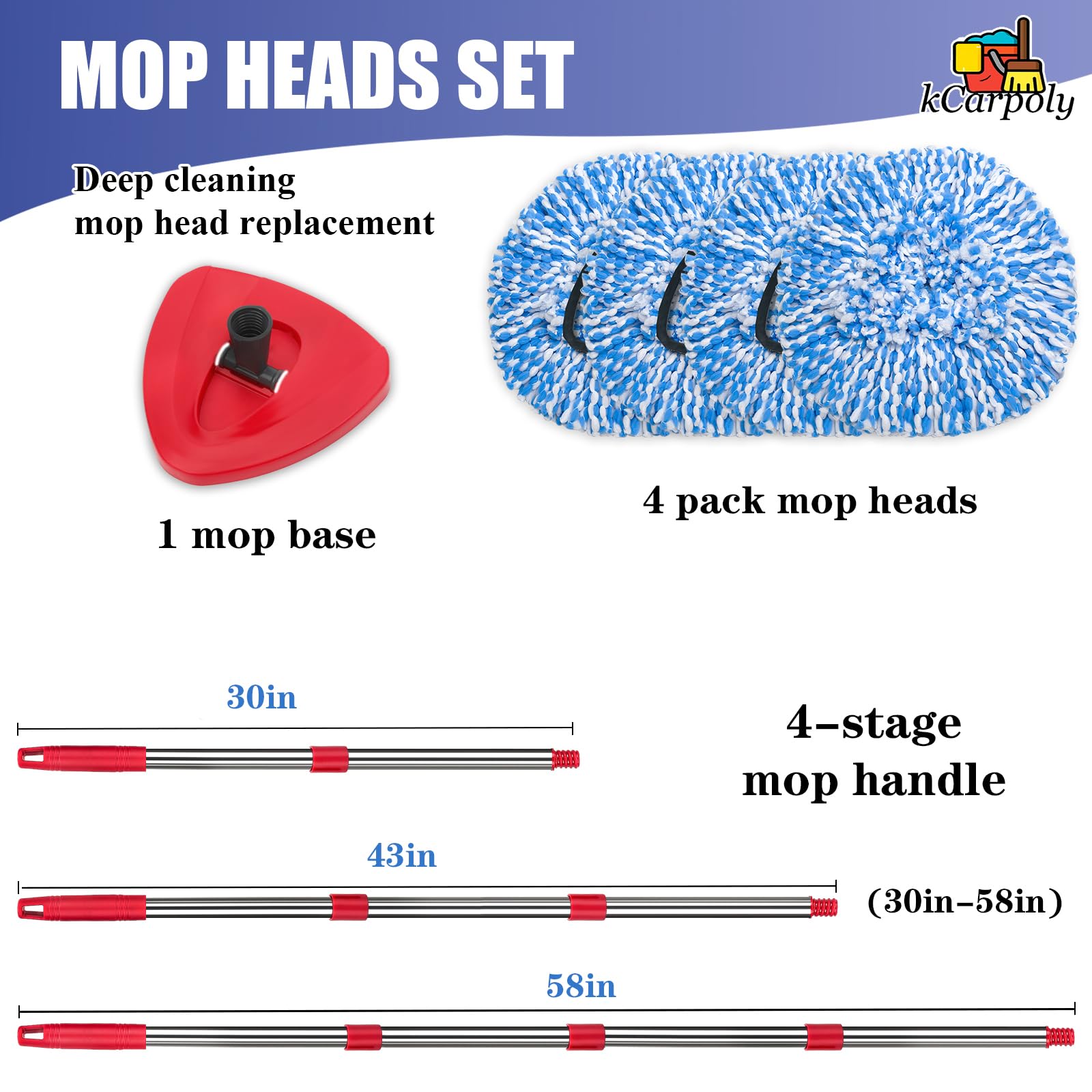 4 Pack Spin Mop Replacement Heads Compatible for O Ceda EasyWring 1-Tank Triangle System, Microfiber Mop Refills for 5.9inch Core,Deep Cleaning, Included Base and Handle