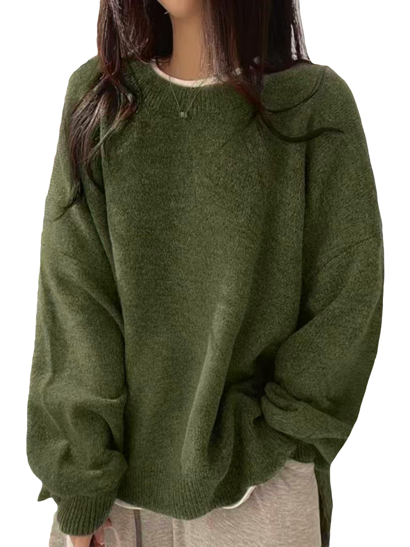 Womens Solid Knitting Split Hem Crewneck Jumper Womens Long Sleeve Pullover Sweater Fall Casual Soft Ribbed Knit