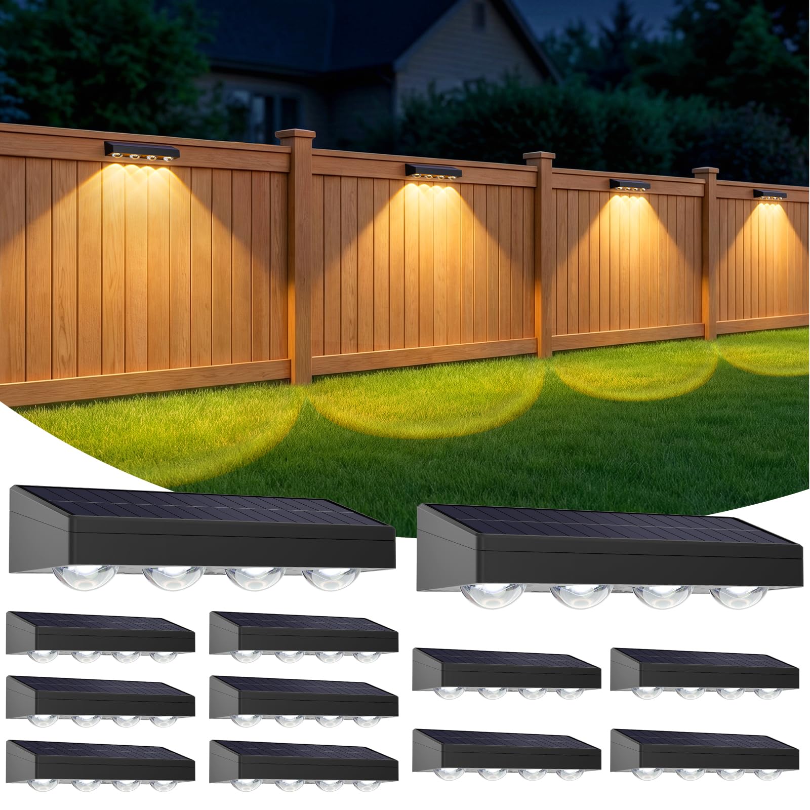 TYHBRV Solar Fence Lights Outdoor Waterproof, 3-Color Lighting Modes LED Solar Powered Deck Lights, Outdoor Step Lights for Railing, Patio, Wall, Backyard(12 Pack)