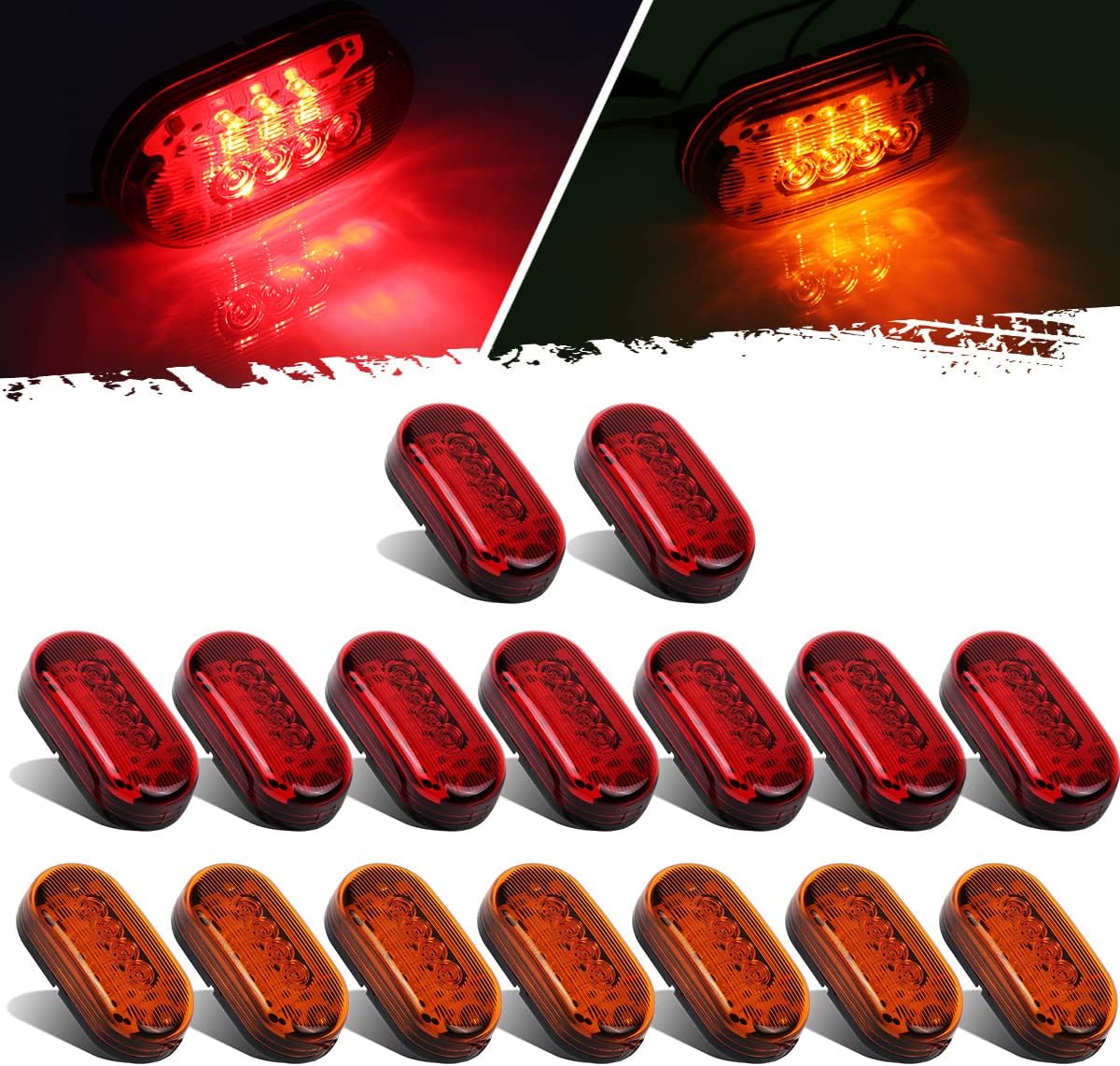 Partsam 16x 4 Inch Oblong Led Marker Lights 10 Diodes Black Base 4" Rectangular Rectangle LED Trailer Clearance and Side Marker Lights Truck Trailer RV Camper Motorhome Light Lamps 12V (7Amber+9Red)