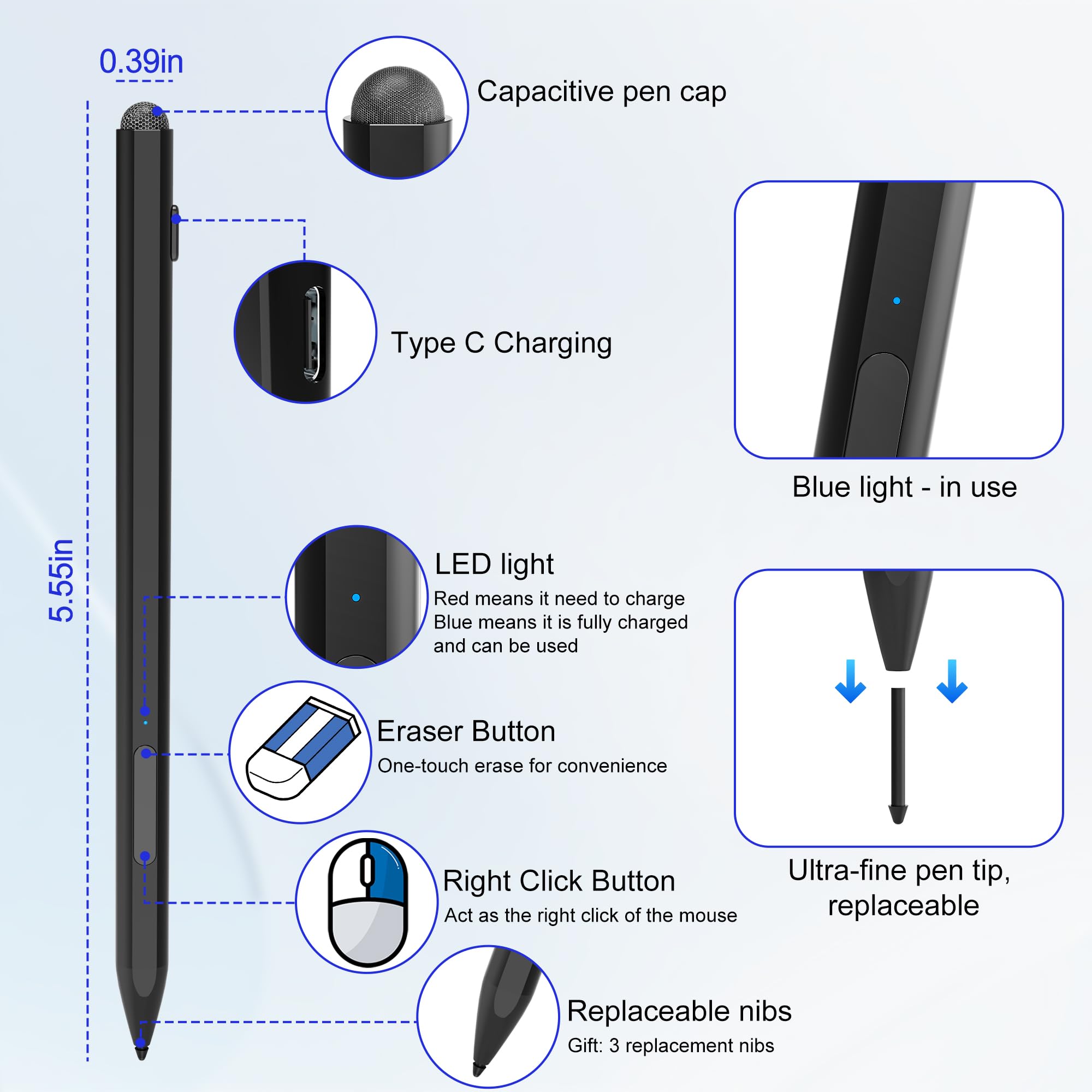 Microsoft Surface Pen - Lápiz capacitivo para Surface Pro 11/10/9/X/8/7/6/5/4/3, Go 4/3/2/1, portátil/estudio/libro 4/3/2/1 con rechazo de palma, sensibilidad a la presión 4096