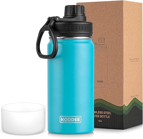 Koodee Botella de agua para niños, de 16 onzas, acero inoxidable, con aislamiento al vacío, con tapa de boquilla a prueba de fugas, color azul cielo.