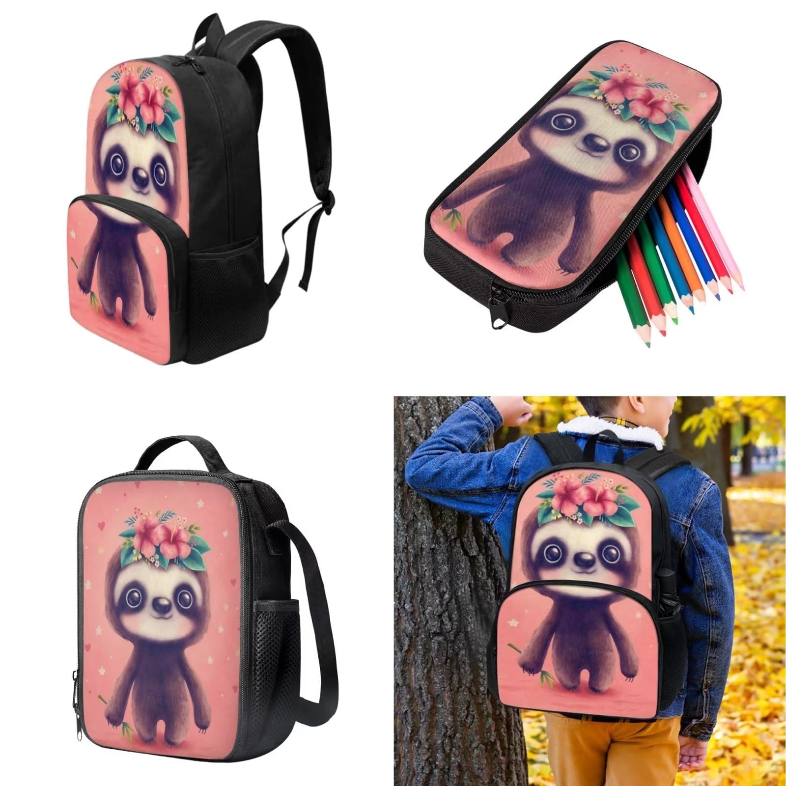 POLERO Juego de 3 bolsas escolares con impresión 3D para el almuerzo, estuche para lápices, Rosa perezoso, Talla única, Mochila infantil