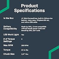 Vista 6 de Yaxa Basics by SKIL 4V Rechargeable Cordless Stick Screwdriver with 34-Piece Bit Set, Carrying Case, USB-C Charging, LED Work Light, 3 Torque