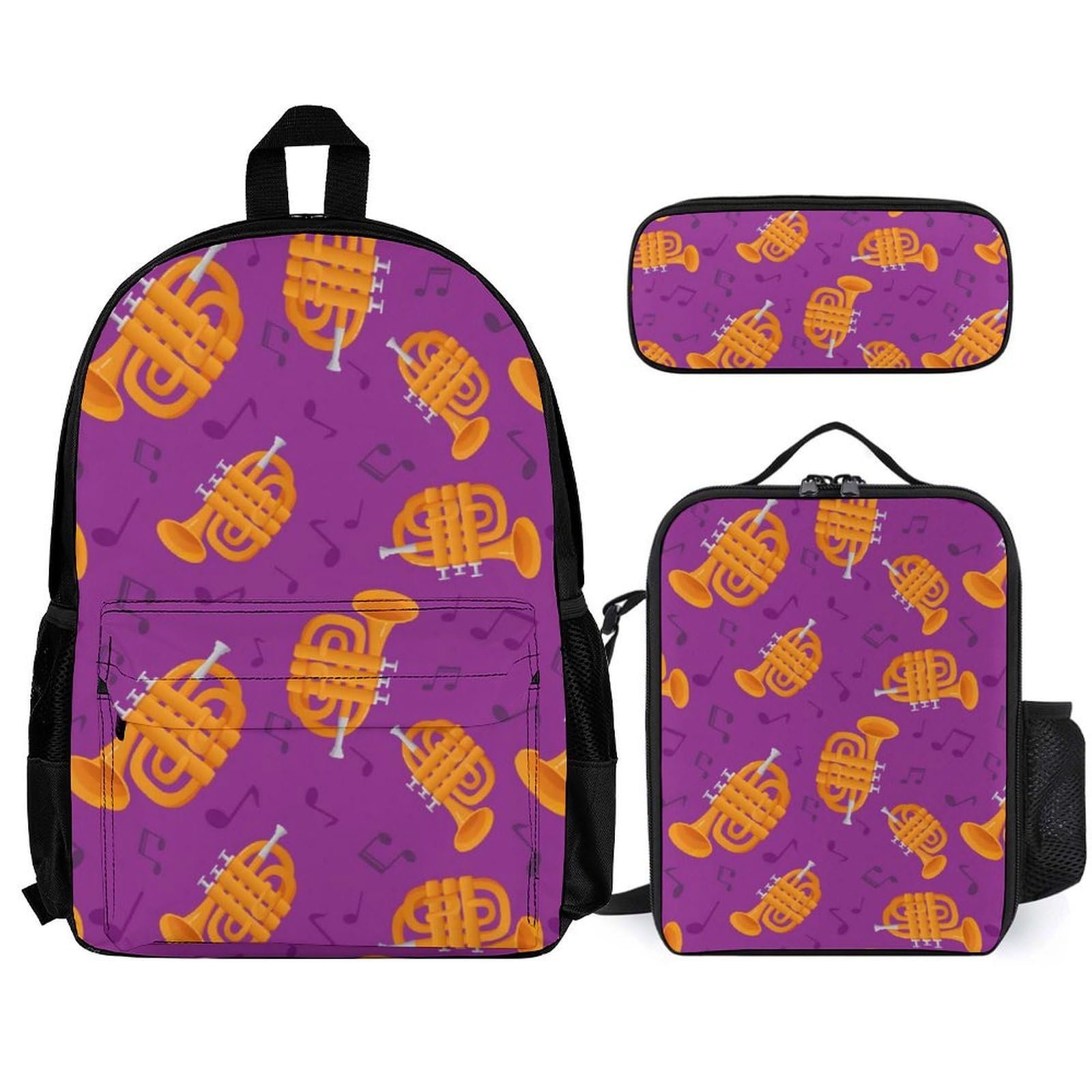 Juiimr Golden Trombones of Music Notes Pattern 3 Piece Backpack Sets With Lunch Bag Pencil Case Combination Hiking Travel Work