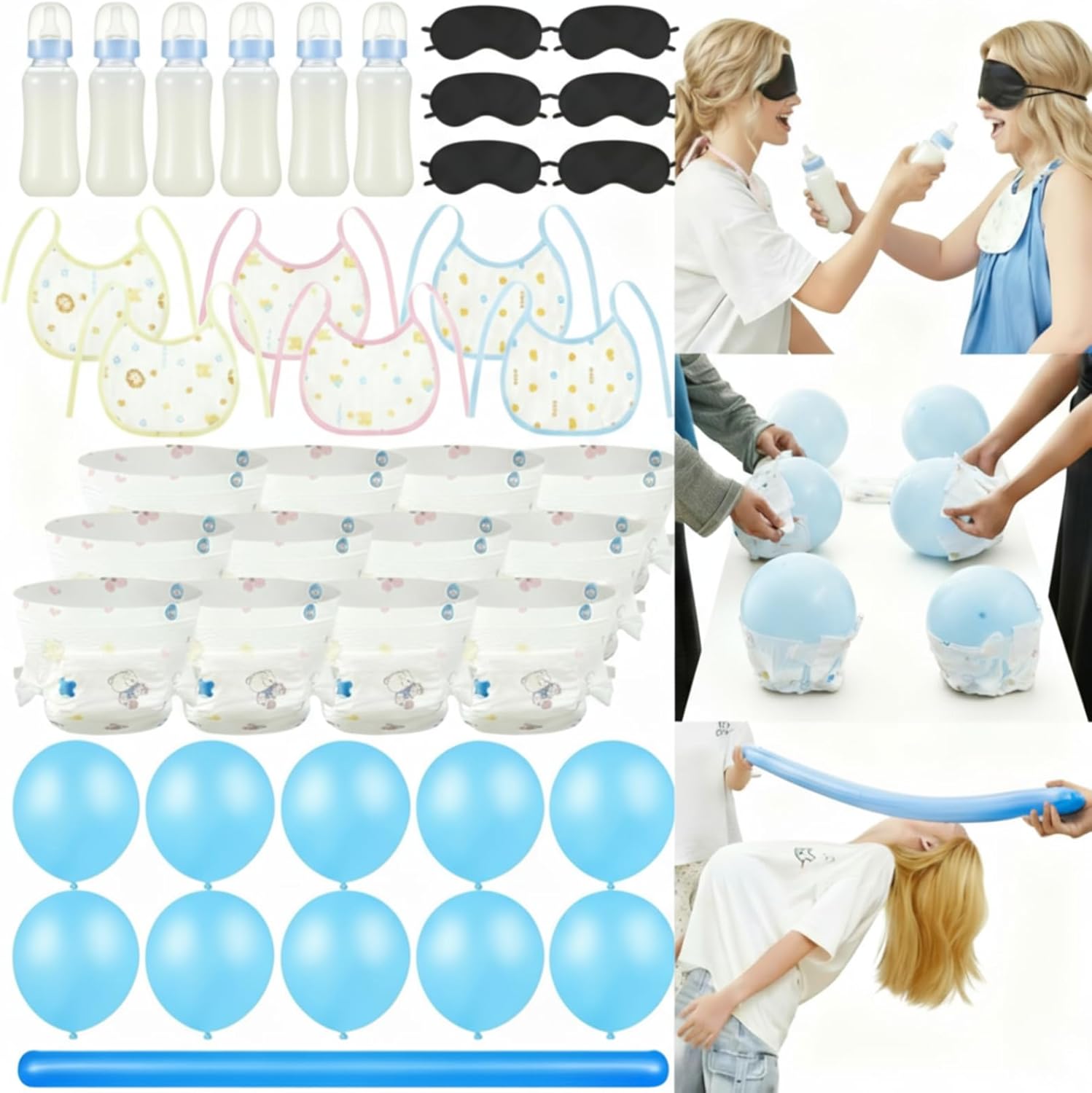 Soulchen Bottle Chug Baby Shower Games 3 Baby Shower Games for 6 Guests Include Bottle Disposable Diapers Balloon Eye Masks and Bibs for Gender Reveal Party Supplies(Pink)