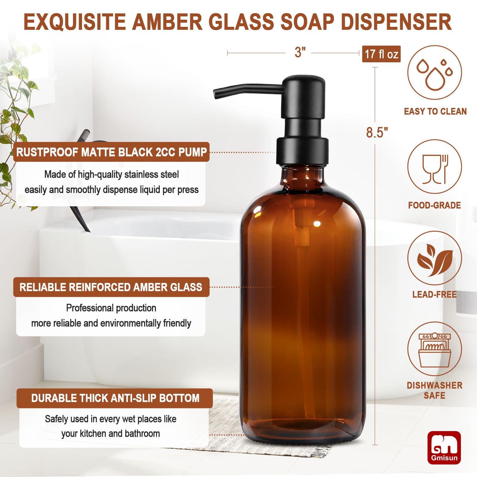GMISUN Dispensador de jabón de vidrio ámbar, 1 paquete de dispensador de jabón para platos para cocina con bomba de acero inoxidable a prueba de óxido, dispensador de jabón de manos de baño de 16