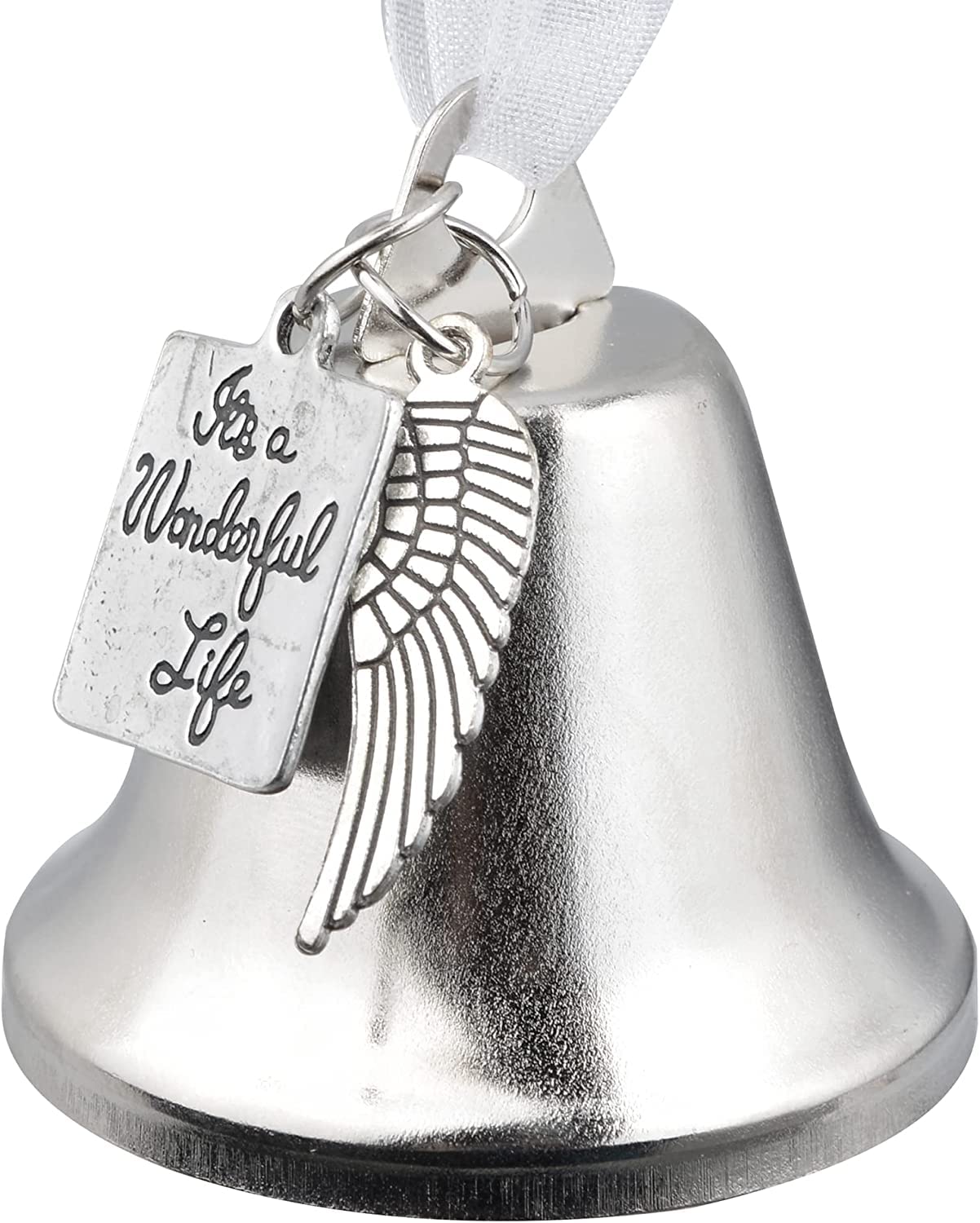Tingmei Silver Plated It's A Wonderful Life Christmas Bell Ornaments For Xmas Tree Wedding Anniversary Decoration Pendants With Angel Wings Charms (7X7cm)