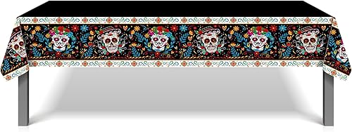 Miniatura 3 de 1 mantel de plástico para fiesta del Día de los Muertos, 54 x 87 pulgadas, mantel rectangular largo de calavera colorida para bufé, fiesta mexicana,
