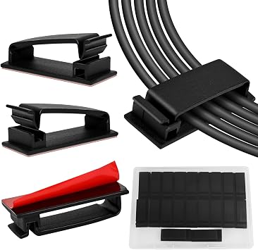 Self Adhesive Cable Management Clips, Line Clips, Cable Organizers, TV PC Line Clips, Ethernet Cable Clips Under Desks - Durable PA66 Material, Easy to Install Black 20