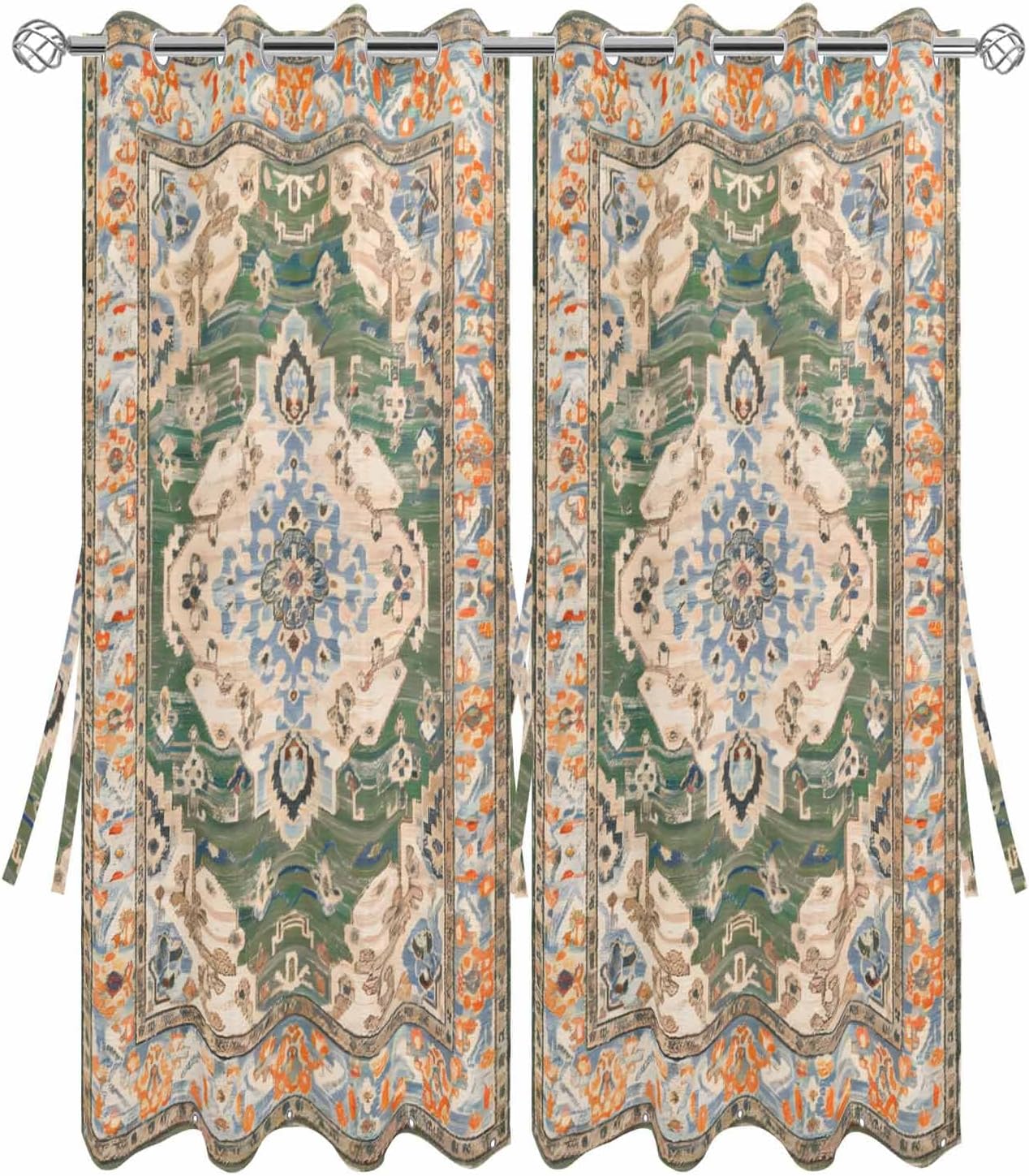 Boho Outdoor Curtains for Patio Waterproof, Ethnic Privacy Sunlight Blocking Outside Curtain, Middle Century Tribes Vintage Green Floral Top Bottom Grommet Curtains for Gazebo Porch 2 Panels 54''x84''