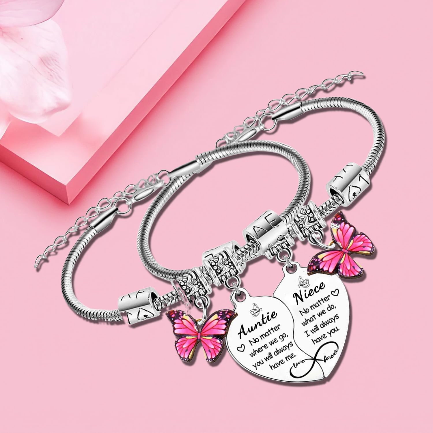 2PCS Auntie Niece Heart Matching Bracelet Gifts for Aunt from Niece Mother’s Day Gifts Butterfly Keyring Christmas Birthday Gift for Auntie Nieces - Image 5