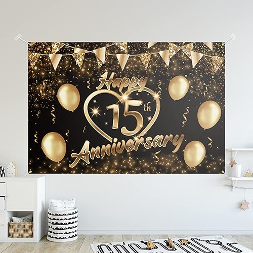 Miniatura 5 de 5665 Decoración de telón de fondo de feliz 15 aniversario negro y dorado – Corazón de amor con purpurina Happy 15 Years Wedding Anniversary Party