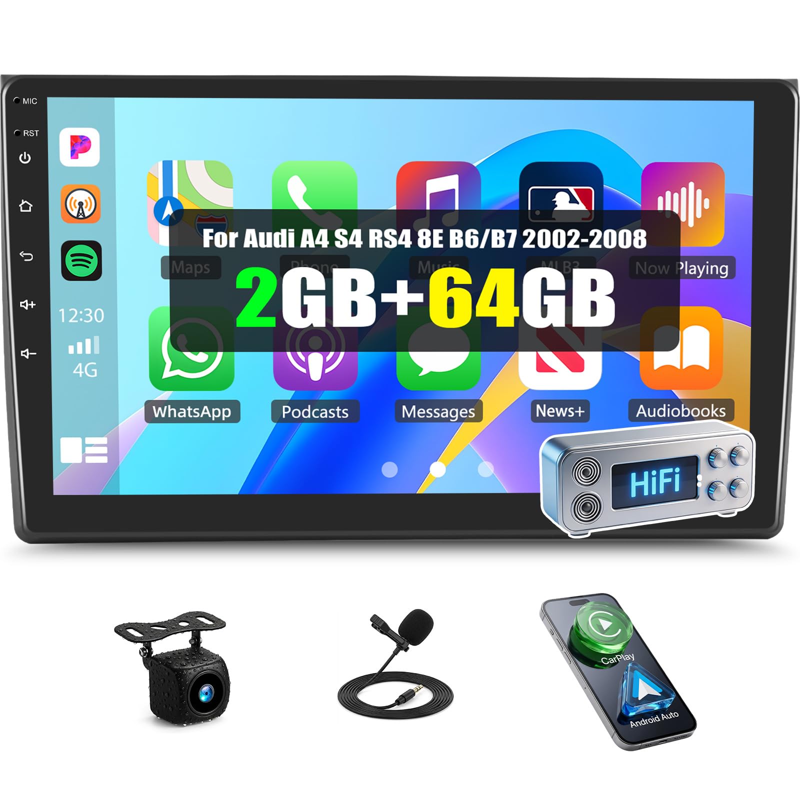 [2+64G] Radio de coche Android 13 con Navi para Audi A4 S4 RS4 2002-2008,Reproductor de radio de 9" pantalla táctil con inalámbrico Carplay Android Auto GPS WiFi Hi-FI BT FM RDS+Cámara inversa&Mic