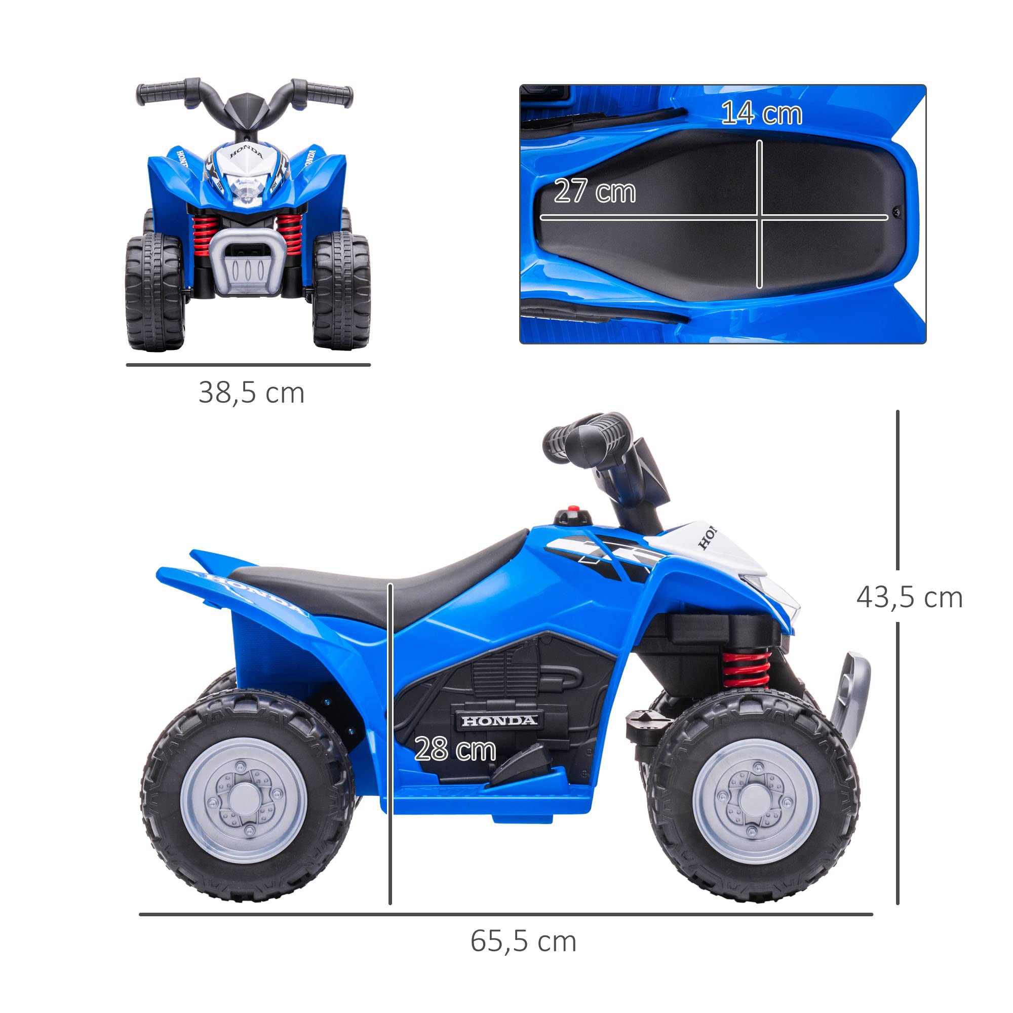 AIYAPLAY Quad Eléctrico Honda 6V para Niños 18-36 Meses con Faros LED, Bocina, 2.8 km/h, 65.5x38.5x43.5 cm, Azul