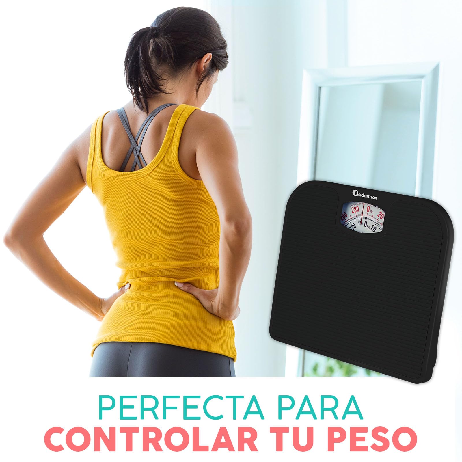 Adamson A21 Bascula de Baño Analogica - Hasta 136 KG - Superficie de Goma Antideslizante - Bascula Analogica - Duradera Con Garantía de 20 Años - Negro Completo