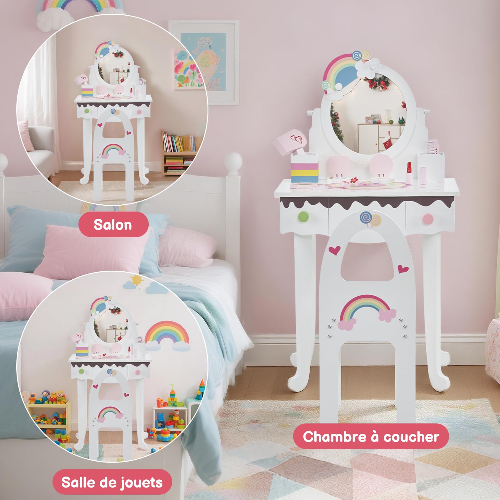 LALAHO Coiffeuse pour Enfants avec Miroir à Trois Volets, Tabouret et 7 Accessoires de Maquillage Jouet (Blanc)