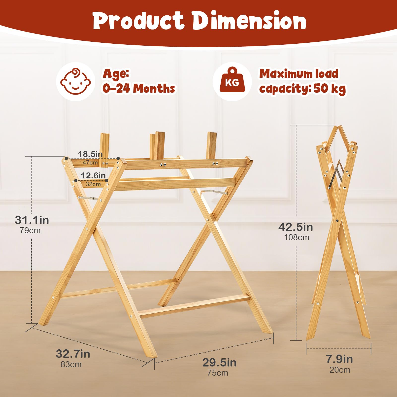 FUNLIO Supporto per vasca da bagno per bebè in legno, supporto pieghevole per bagnetto 0-24 mesi, sicuro e robusto con supporto a 8 punti, vasca per lattanti resistente con rivestimento impermeabile