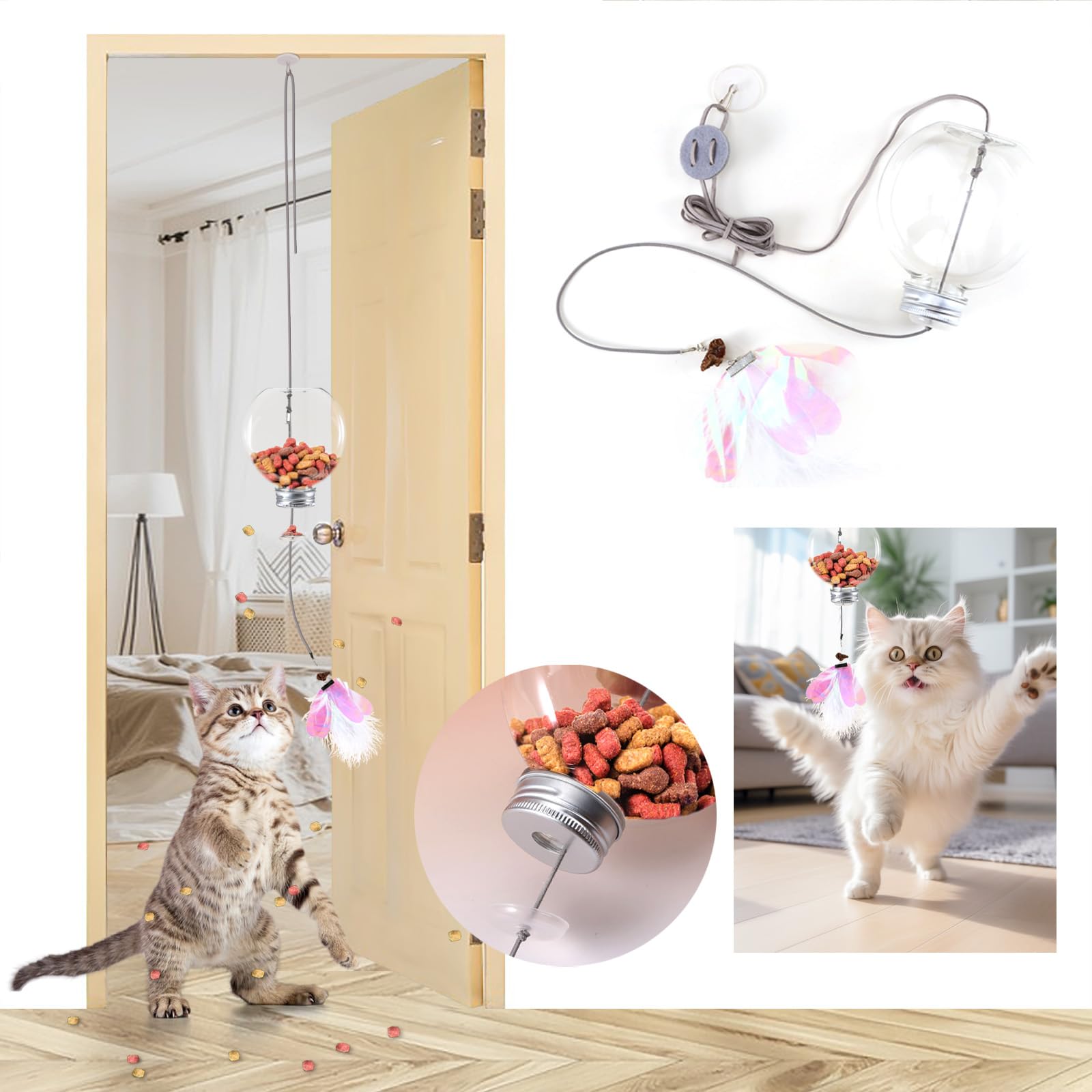 PAKESI Interactive Door Hanging Cat Toy Suitable for Indoor Cats Stimulating Feather Toy Feeder Suitable for Boring Cats Healthy and Nutritious (Feathers)