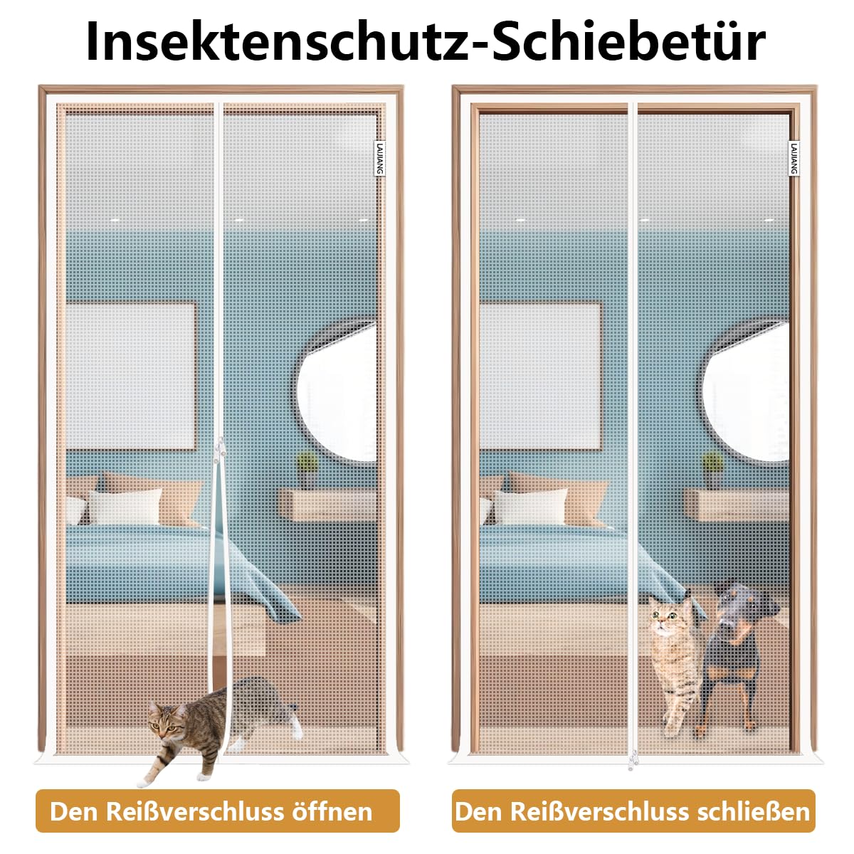 Katzennetz Tür 90x210cm, Fluchtsicher mit Doppelreißverschluss Verstärktes Mesh als Haustür für Katzen, Kratzfest & Atmungsaktiv für Frischluft (Weiß, Innen/Außen)