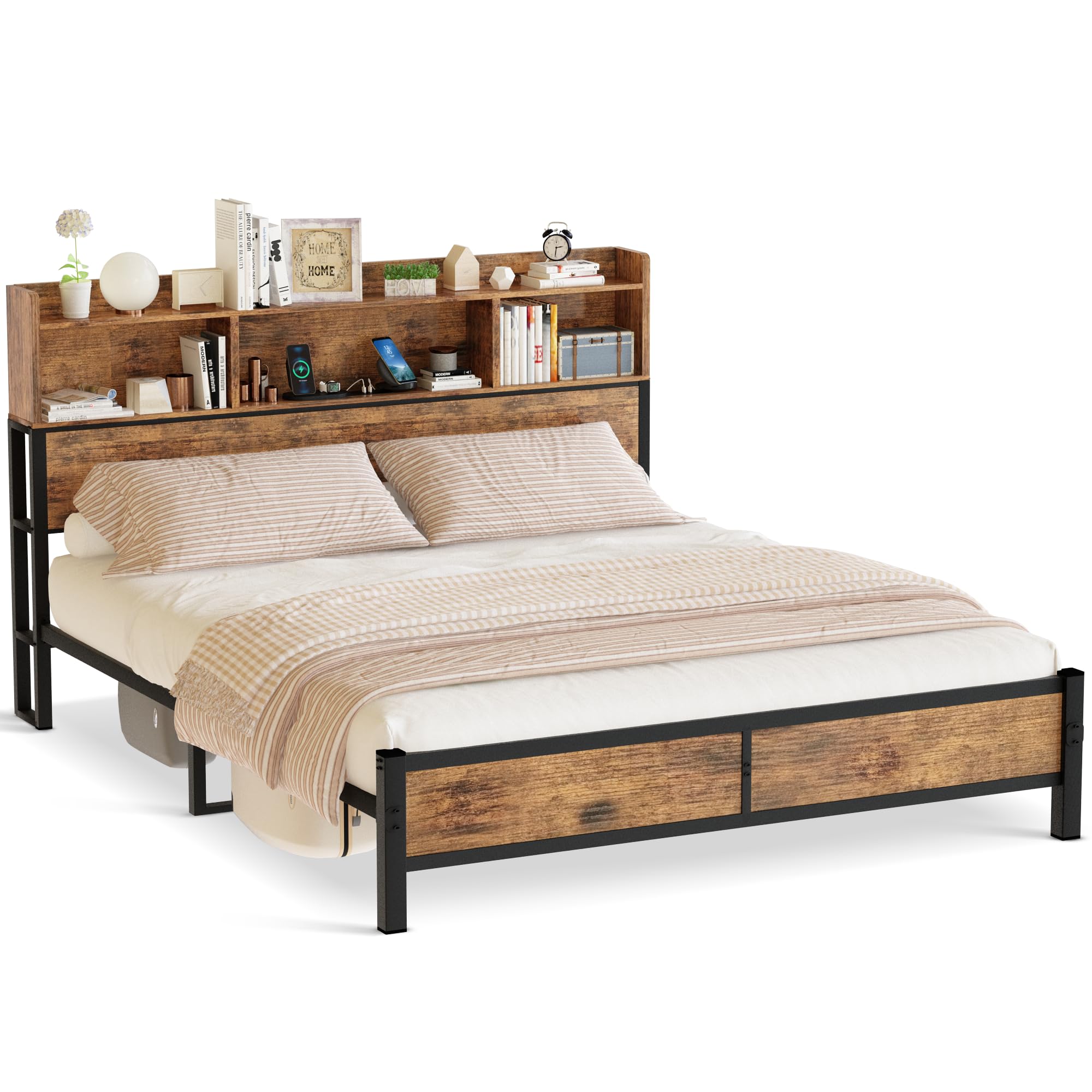 LamergeQueen Bed Frame with Storage Headboard and Charging Station,Metal Platform Bed Queen with Bookcase Storage,No Box Spring Needed, Easy Assembly, Noise-Free, Walnut