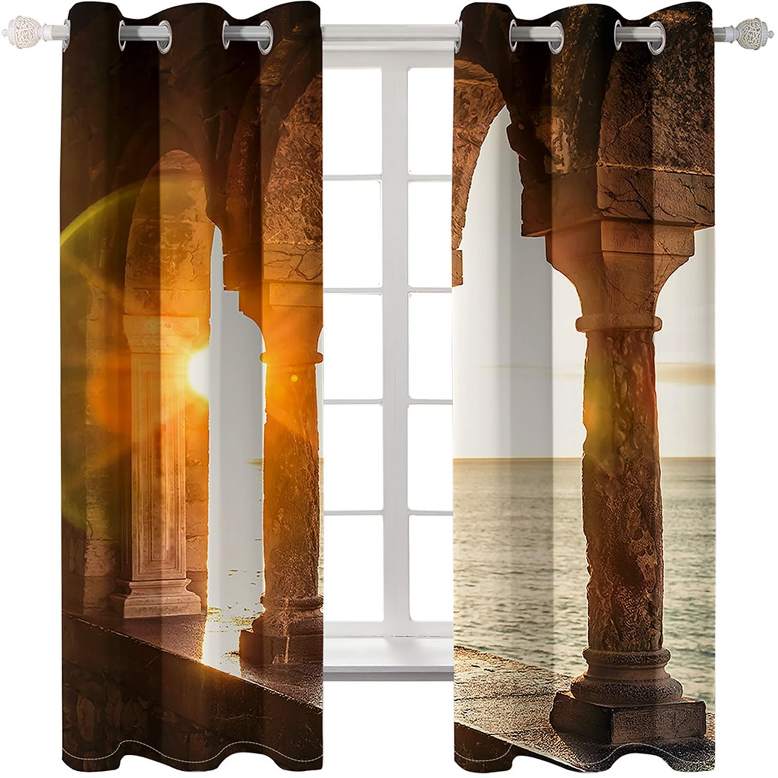 Gualiy Vorhänge Ösen 2er Set Blickdicht, Vorhang 132x183 Retro Architektur und Sonnenuntergang Vorhang Verdunkelung