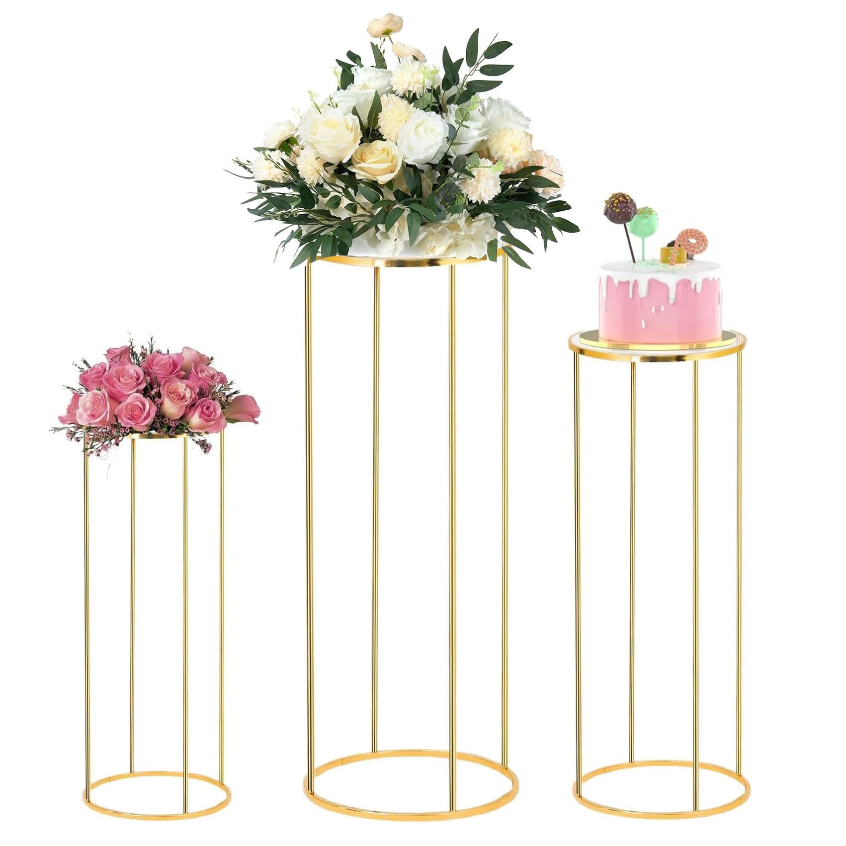 3PCS Gold Cylinder Pedestal Stands for Parties, Metal Cake Table Round Stand, Display Cylinder Tables for Birthday Party Wedding Living Room Patio Display