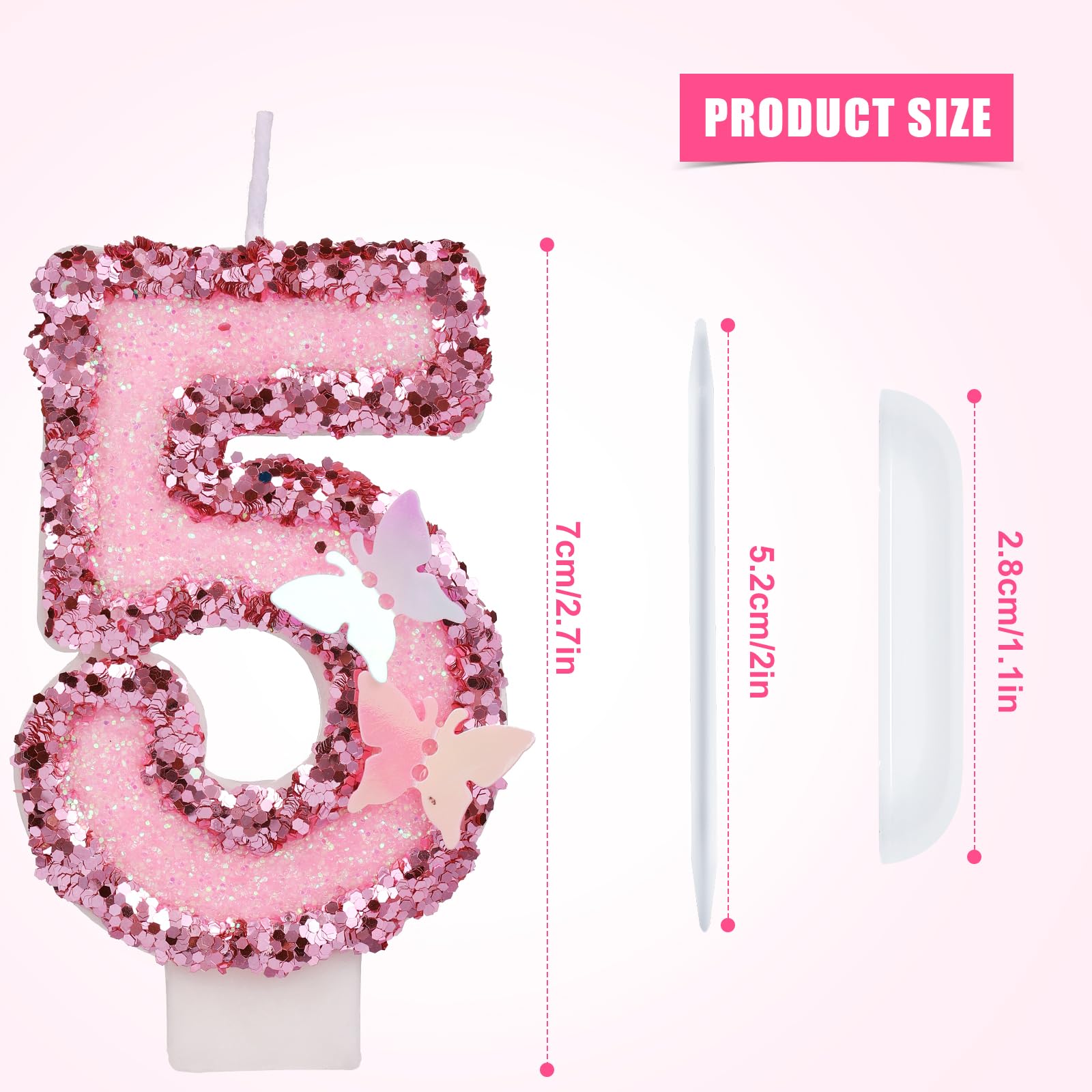 2.7 Inch Birthday Number Candles, Pink Number Candles Cake Topper Butterfly Birthday Candles with Sequins Glitter for Anniversary Celebrations Supplies (Number 5)