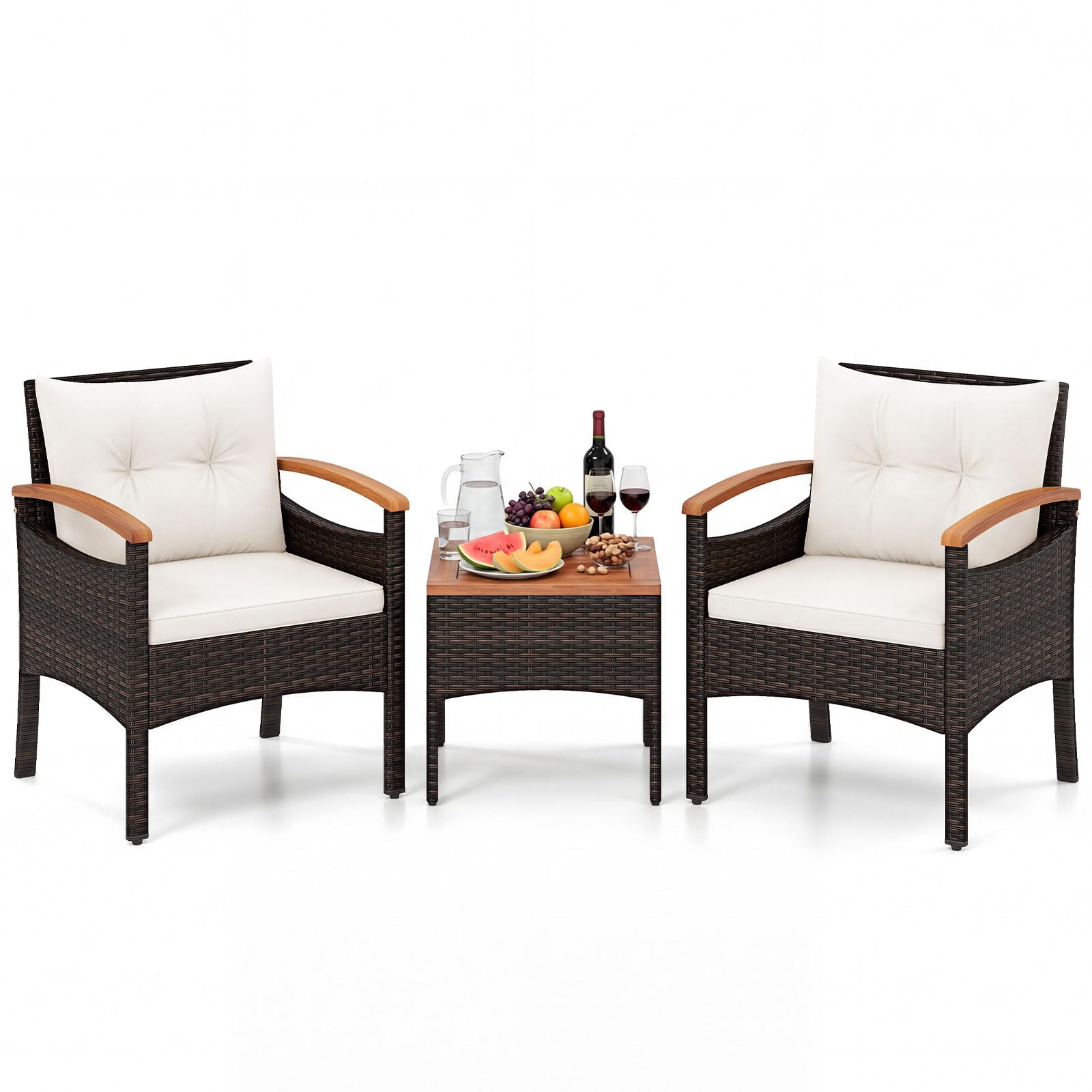 COSTWAY Conjunto Terraza 3 Piezas, Conjunto de Muebles Ratán de jardín, Mesa de Café, 2 Sillas de Ratón con Cojín Desmontable y Respaldo, Madera de Acacia para Patio, Piscina, Balcón (Blanco)