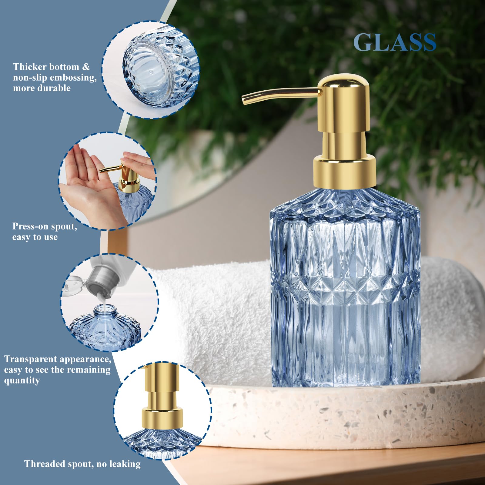 Ensemble de Salle de Bain 5 pièces en Verre, Accessoires de Salle de Bain en Verre, Distributeur de Savon Moderne, Porte-Savon, Porte-Brosse à Dents, bidon de Cotons-tiges, gobelet (Bleu)
