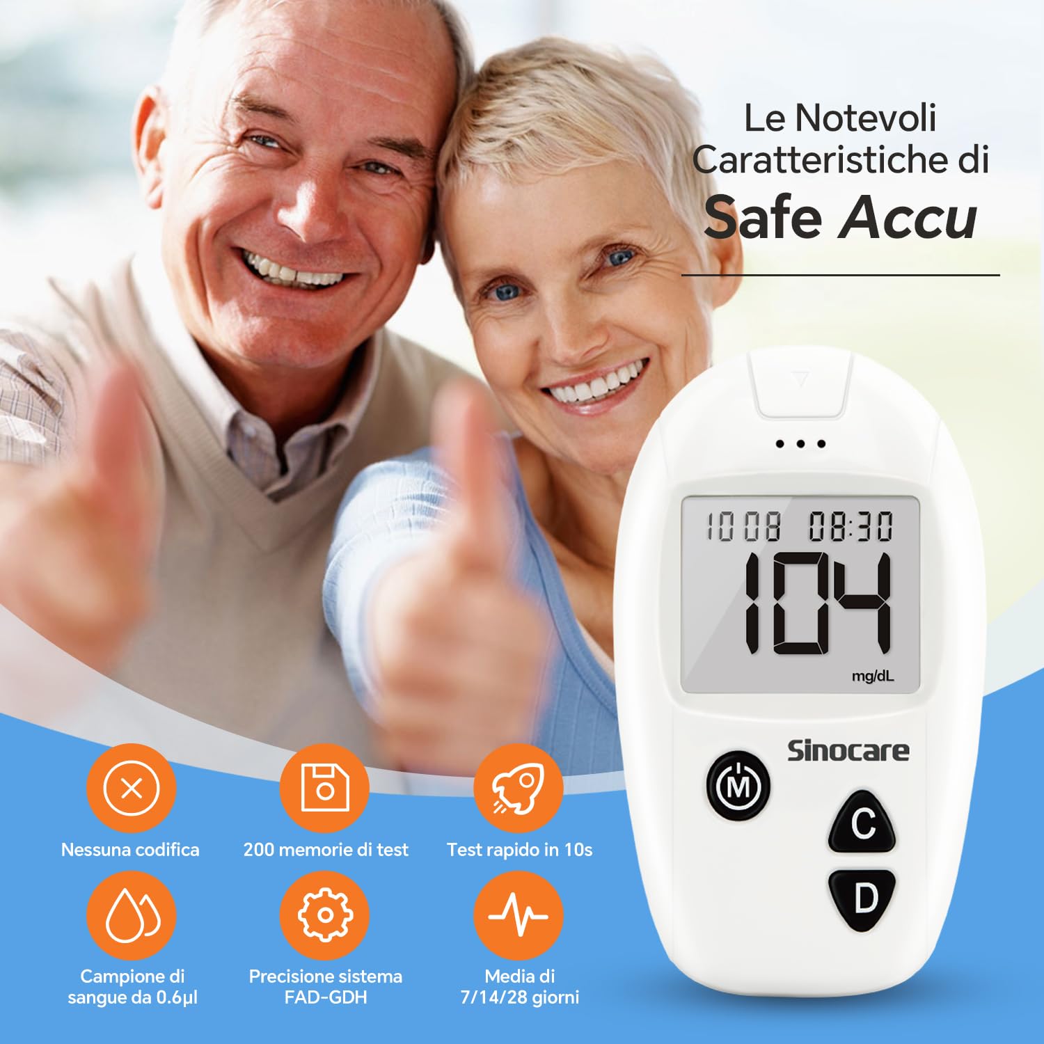 Sinocare Glucometro Misuratore Glicemia nel Sangue, Kit Test Rapido di Zucchero nel Sangue con 50 Strisce Glicemia Reattive per Glucosio - mg/dL (Safe Accu)