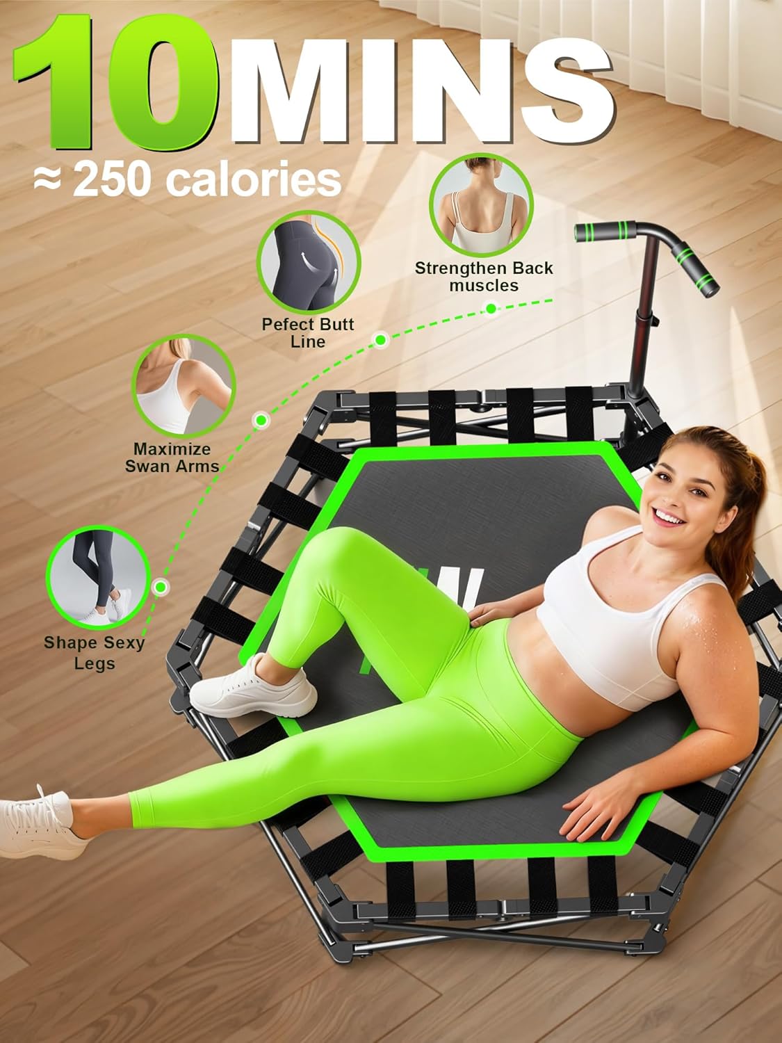 Mini Trampoline for Adults, 42" Foldable Fitness Rebounder with Adjustable T-Bar, 450lb Capacity, Non-Slip Pad for Home Gym Workout