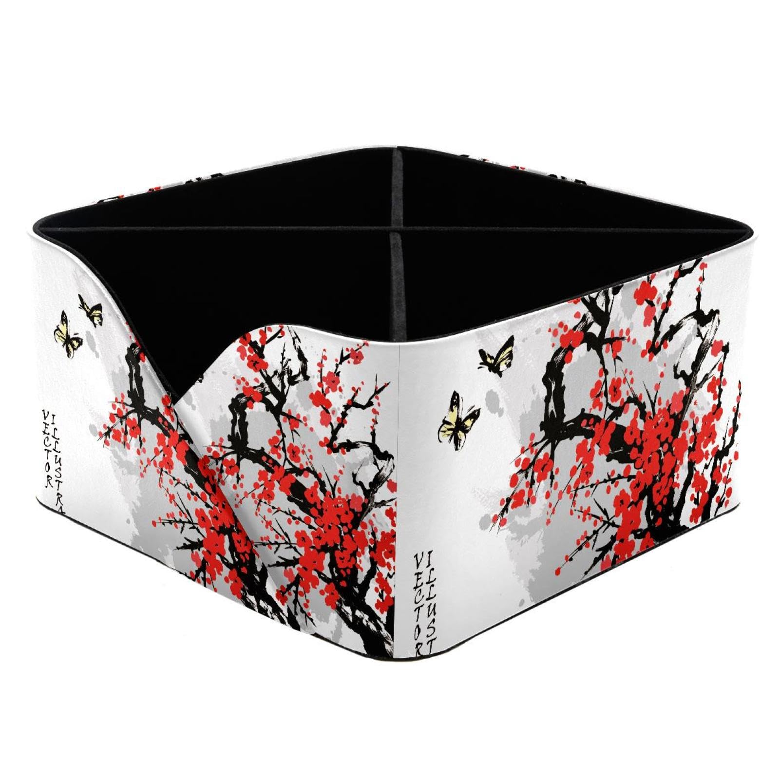 KengjuTesu Red Plum Blossom Butterfly Art Painting Desktop Organizer Pen Holder, Rectangular Pencil Cup for Office, Study and Makeup Stations