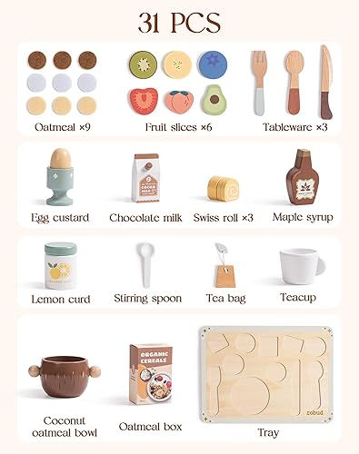 Miniatura 6 de ROBUD Juego de comida de madera de 31 piezas para niños, juguetes de cocina Montessori de avena de coco, platos educativos con accesorios para niños