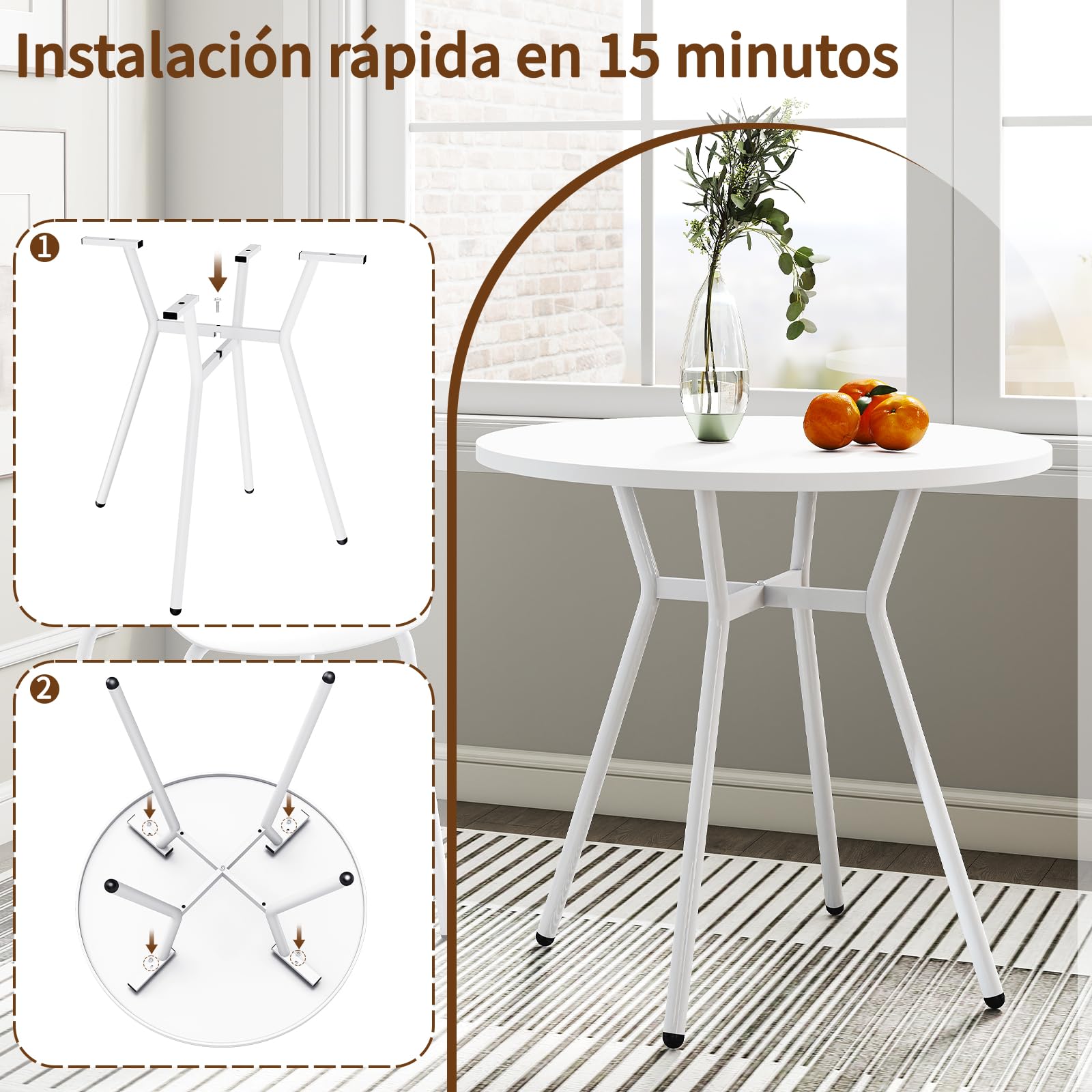JIJIAN Mesa de Comedor Redonda 2-4 Personas 80 x 80 x 75 cm, Mesa de Cocina Compacta con Patas de Metal, Ahorra Espacio, Ideal para Cocina, Comedor, Balcón y Jardín, Blanco