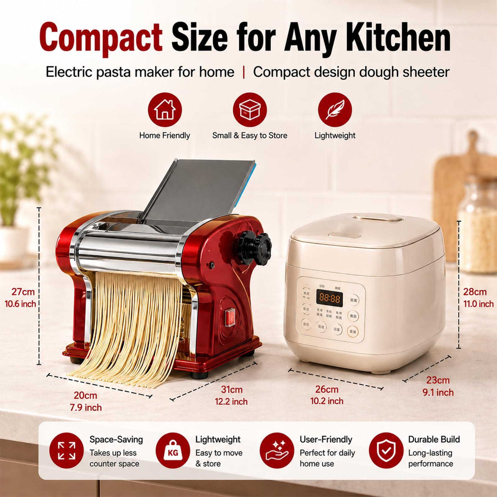 Machine à Pâtes Électrique LEONEBEBE avec Lame de 2,5 mm, 135W, 5Kg/H, 6 Réglages d'Épaisseur, 2-en-1 (Pétrissage & Découpe), pour Usage Domestique et Commercial (Rouge)