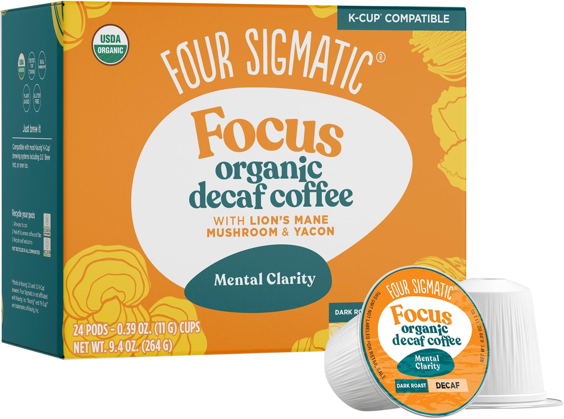Four Sigmatic Decaf Mushroom Coffee K-Cups | Organic Dark Roast Coffee with Lion’s Mane & Yacon | Focus & Immune Support | Vegan & Keto | Sustainable Pods | 24 Count