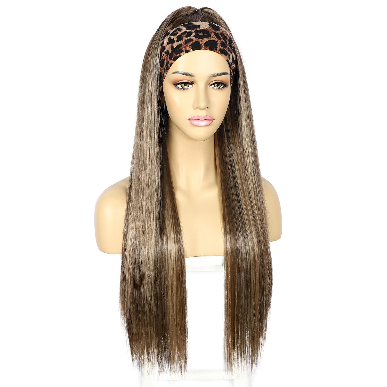 Sapphirewigs Straight Headband Wigs for Women Synthetic Mix Brown Glueless Light Yaki Headband Wig Heat Resistant 26 inch - Image 4