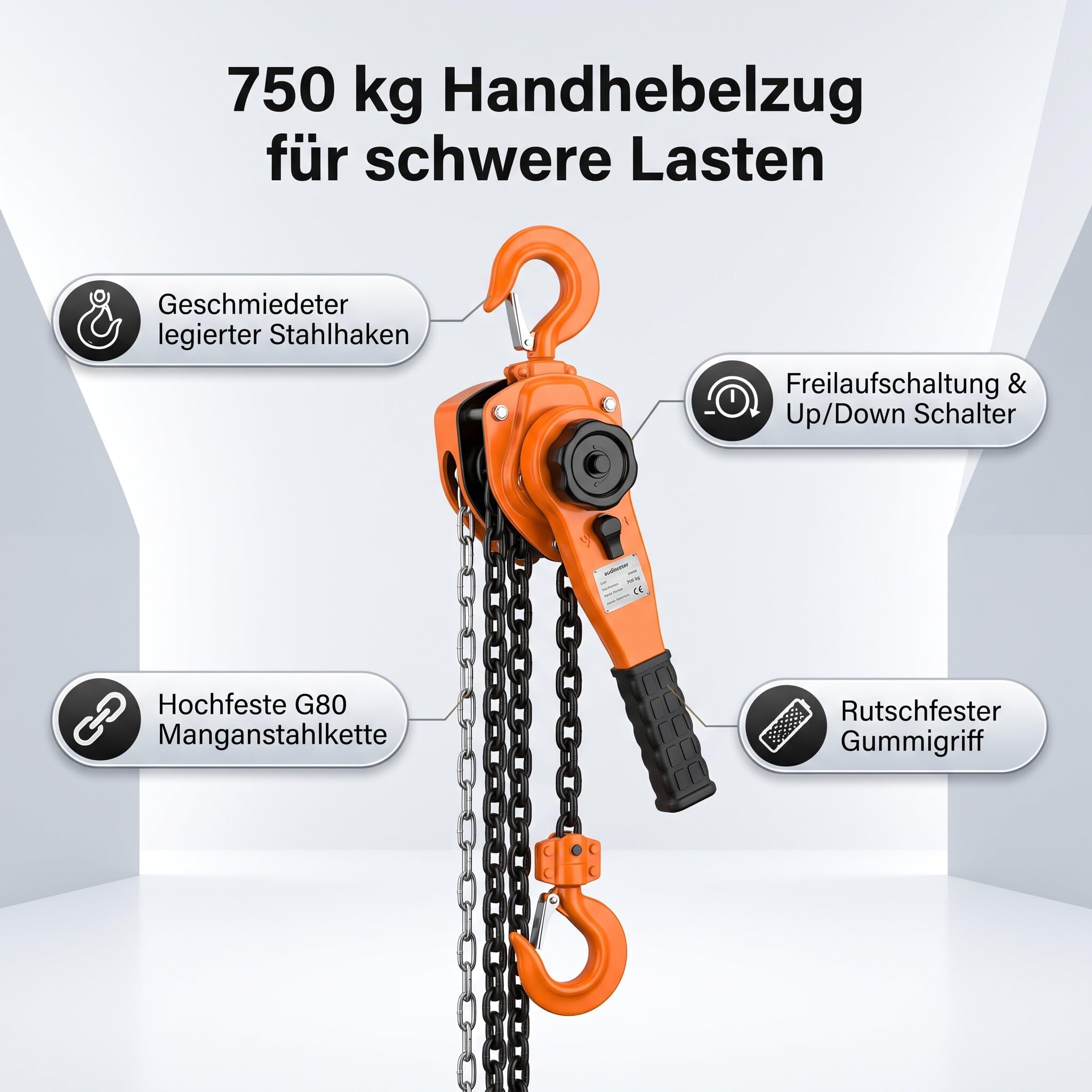 Kettenzug 750kg, Manuelle Ratschenzug Hebezug Flaschenzug Kranzug Kette Hebel Seilzug Handkettenzug Hebelratschenzug