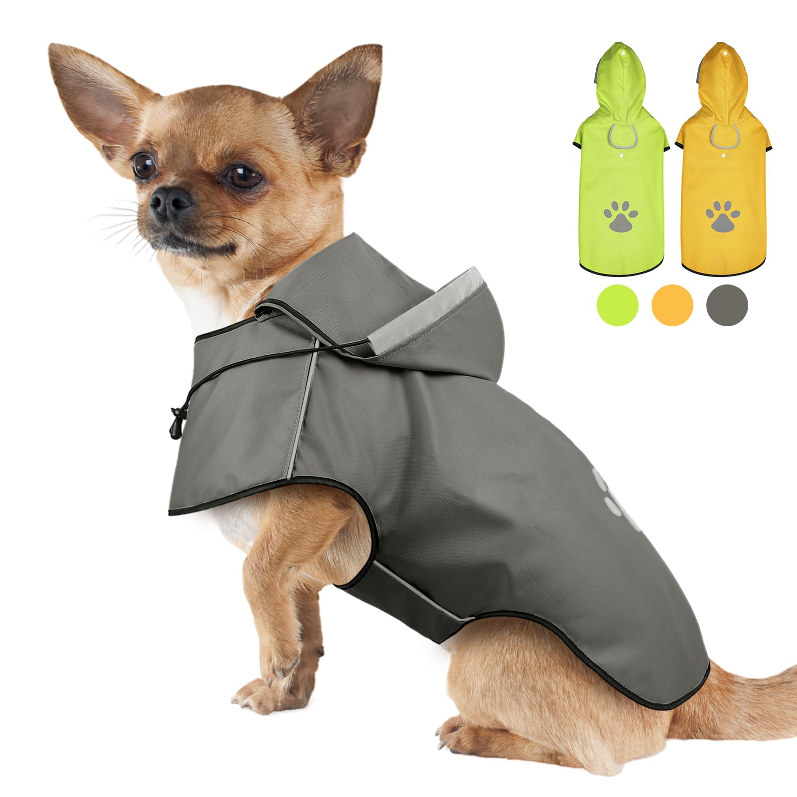 Impermeabile Cane, Cappotto Impermeabile per Cani con Cappuccio e Foro per Colletto, Regolabile Cappotto Impermeabile Cane di Taglia Piccola Medio e Grande,Strisce Riflettenti Protettive (Grigio,S)