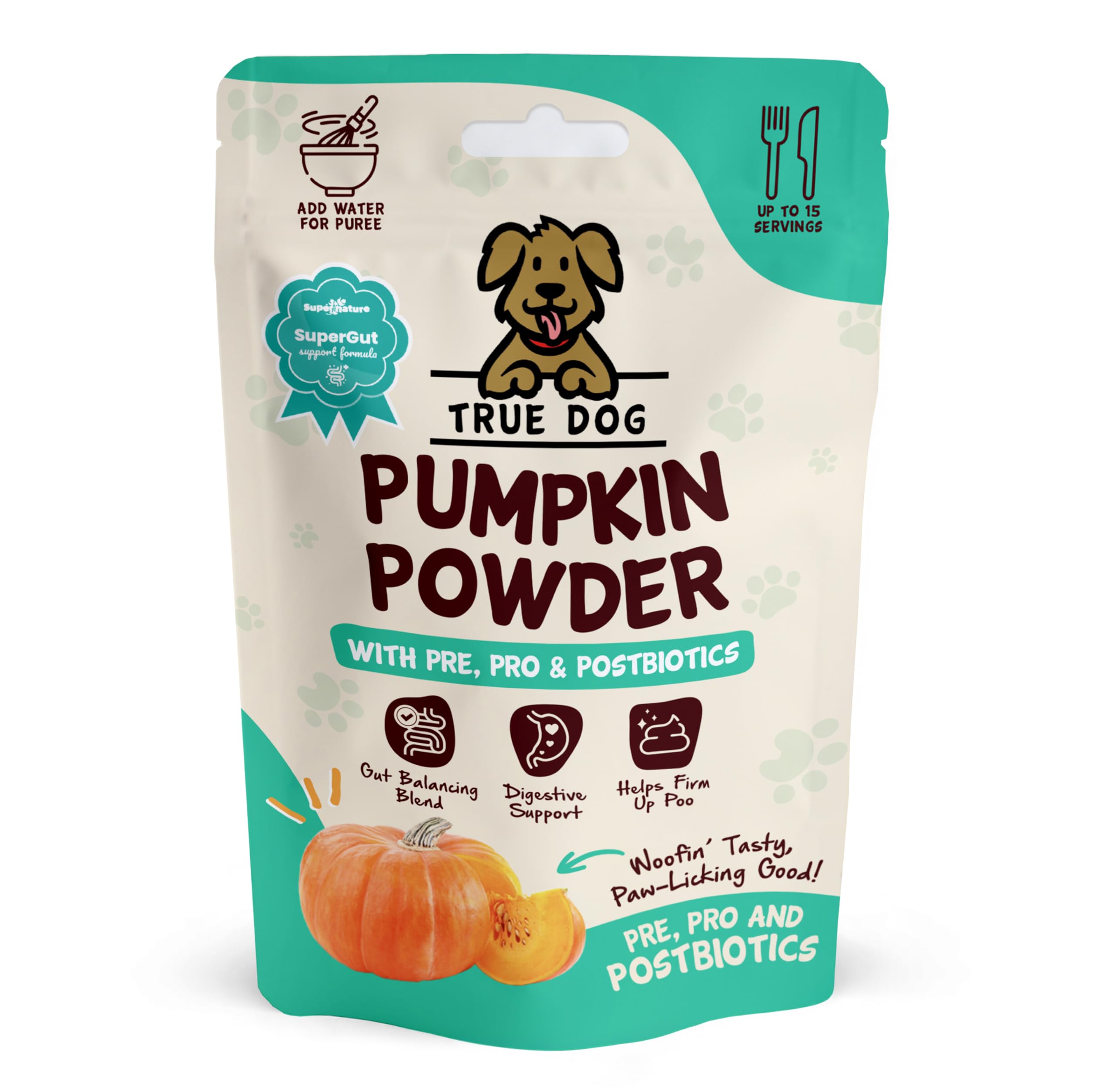 True Dog Pumpkin Powder with Pre, Pro & Postbiotics 300g | Natural Pumpkin Puree Powder for Dogs, Digestive Supplement, Stool Firming, High Fibre Dog Food Topper, Manufactured in the UK