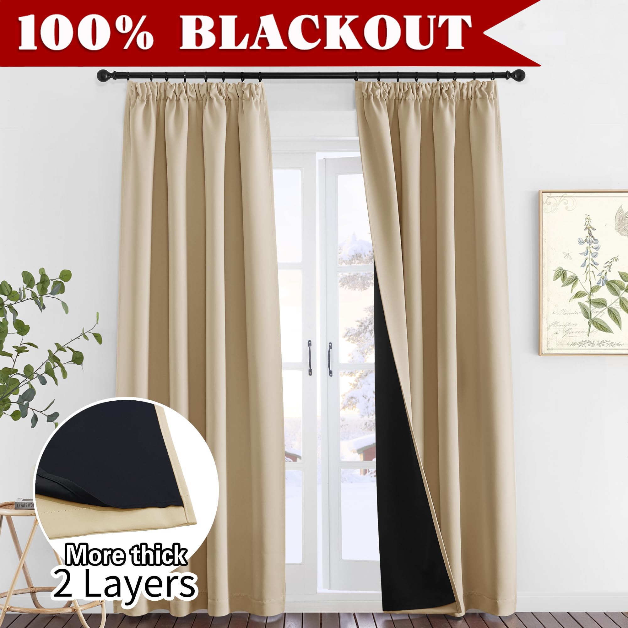 PONY DANCE Thermovorhänge 2er Set – Biscotti Beige, 220x140 Cm, Verdunkelnd & Wärmeisolierend