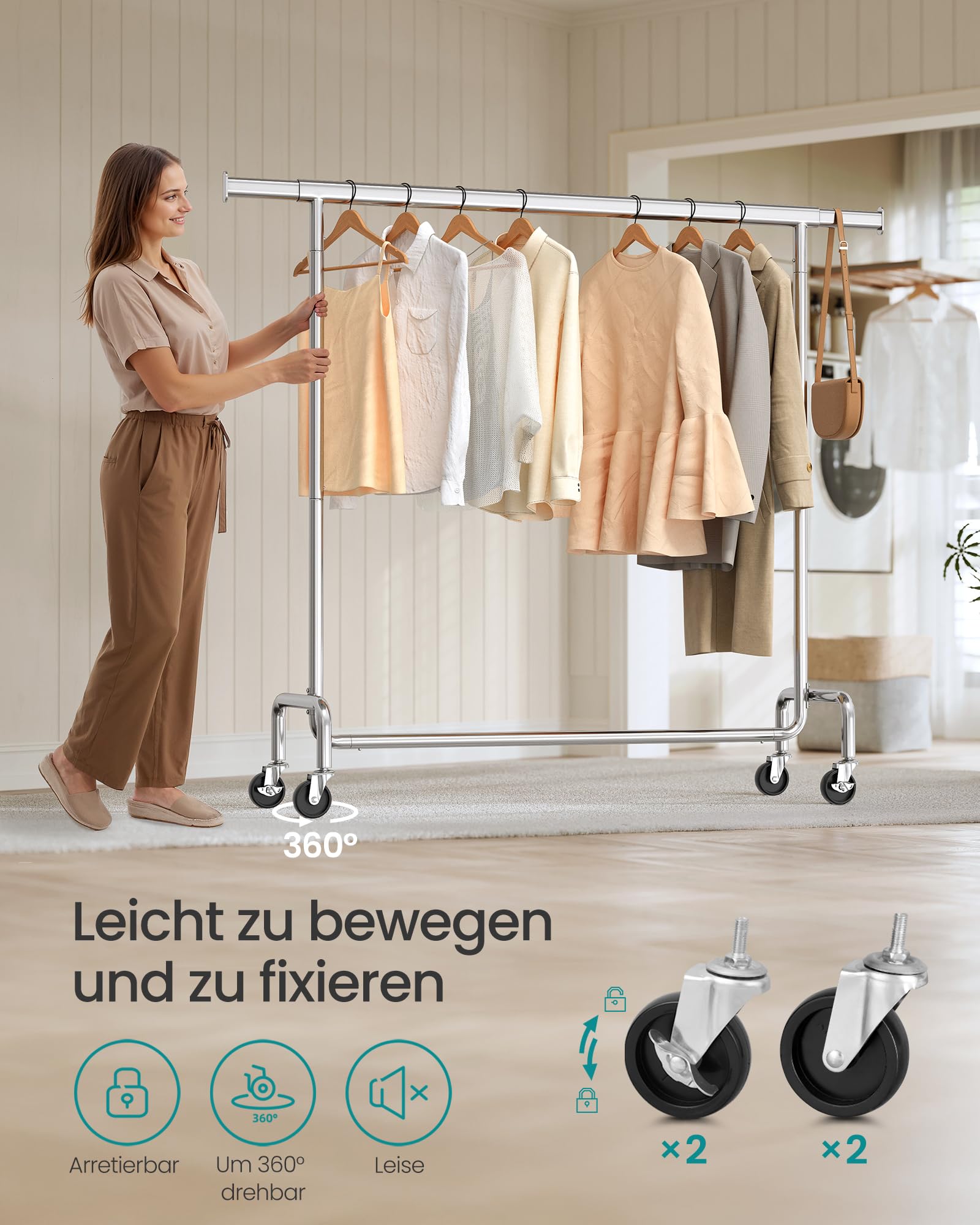 SONGMICS Kleiderständer auf Rollen, Garderobenständer, hochbelastbar, ausziehbare Kleiderstange, bis 130 kg belastbar, 45 x (110-150) x 162,9 cm, aus Metall, verchromt, silbern HSR11S