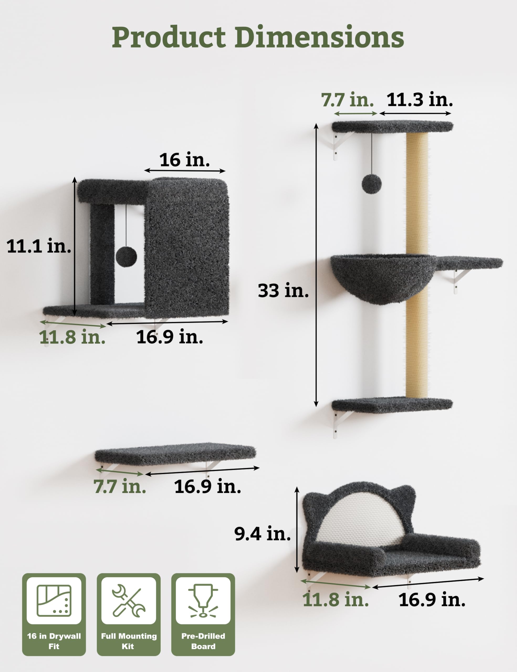 5-in-1 Cat Wall Shelves, Solid Wood & Velvet & Sisal Scratcher, 44lbs Max Load, Wall Mounted Cat Furniture for Climbers, Cat Climbing Wall System, Fits Drywall & Solid Walls - Dark Gray - image 5