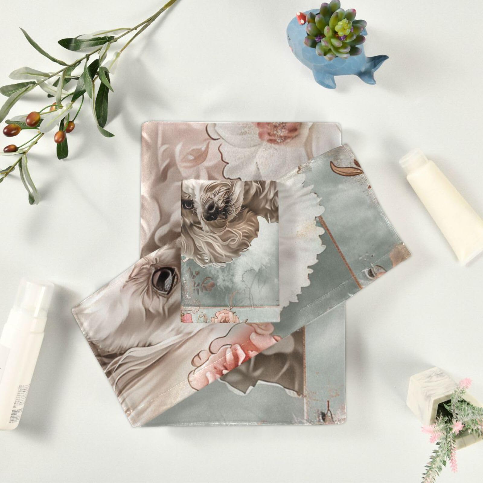 Set di 3 asciugamani morbidi in stile bohémien con fiori e cane floreale, 1 asciugamano da bagno, 1 asciugamano per le mani, 1 panno per yoga, bagno e cucina