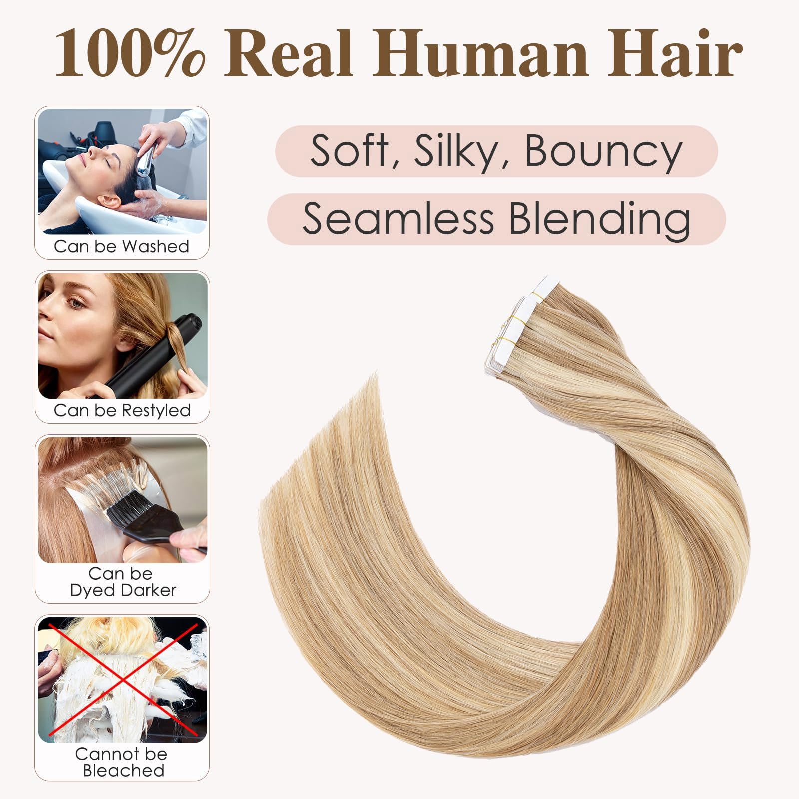 TESS Tape in Hair Extensions Human Hair 10 PCS #12P613 Golden Brown & Bleach Blonde - Image 4