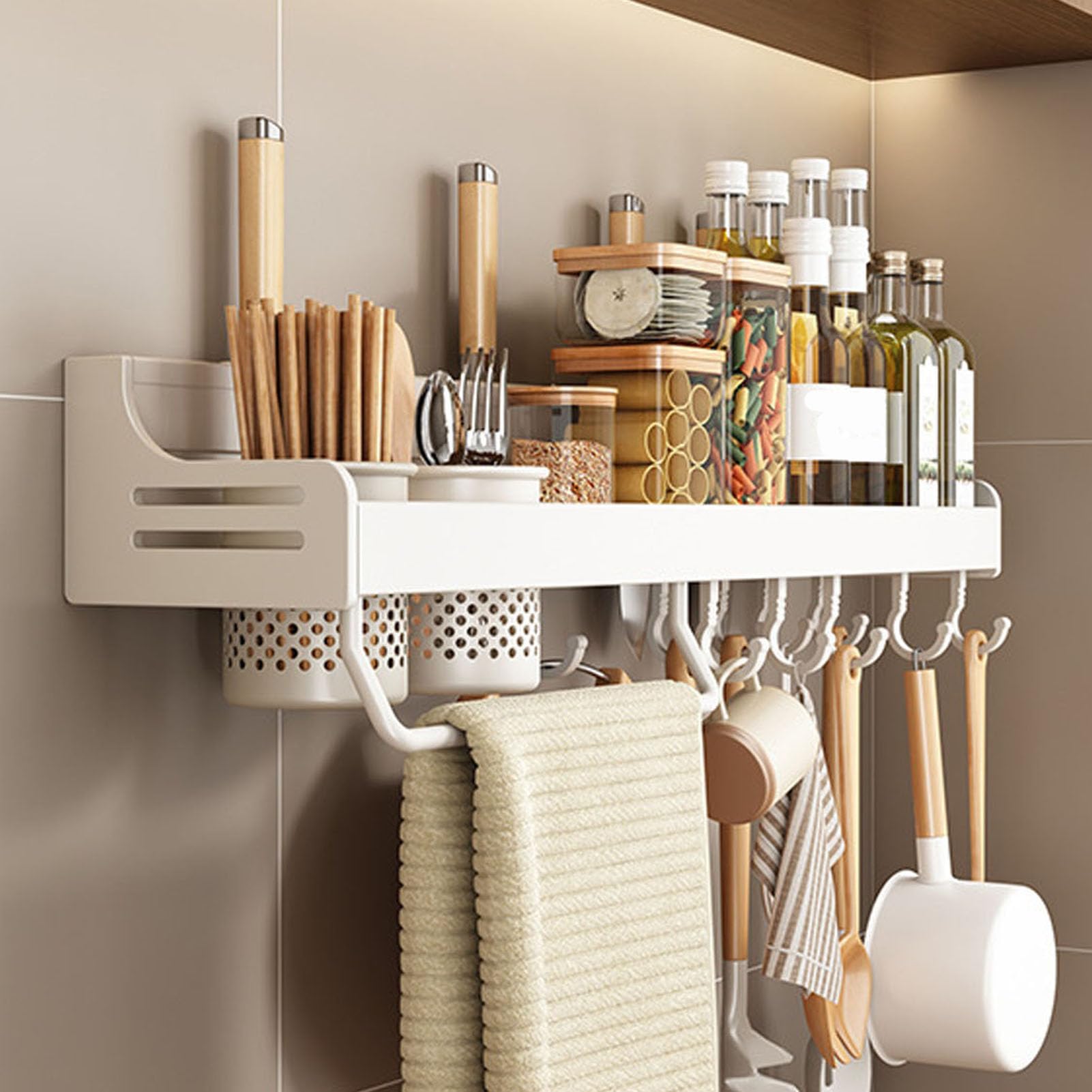 GLJTUO Wall-Mounted Spice Rack - Metal Hanging for Kitchen Spices, Seasoning Holder with Towel Holder, Knife Storage, Hooks & Utensil (White 60Cm),White-60Cm
