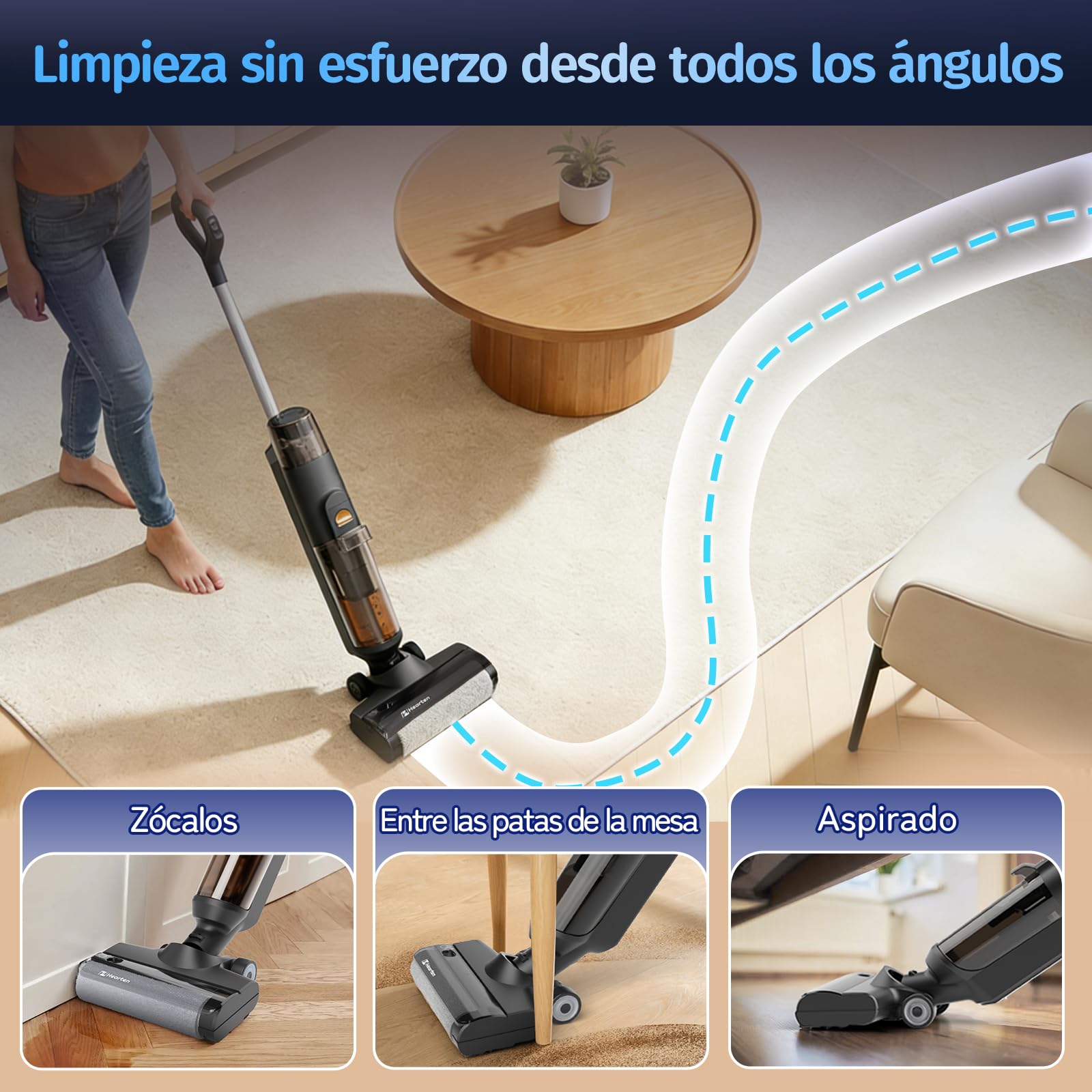 Hearten Aspiradora Fregona,Fregona Aspiradora Inteligente 3 en 1 – Aspirador con Función de Lavado, Autolimpiable, Antienredos, Pantalla LED, 0,7 mm, Autoajuste, para Suelos y Pelo de Mascotas