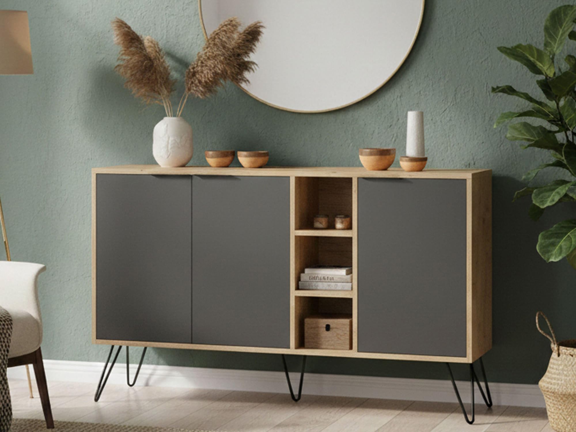 Dmora - Credenza Perseus, Buffet da soggiorno, Madia da salotto, Dispensa da cucina, 142x36h83 cm, Quercia e Antracite