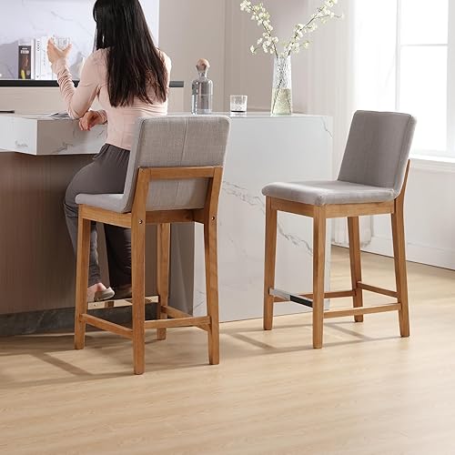 Miniatura 9 de LZAREAL Juego de 2 taburetes de bar tapizados modernos de 30 pulgadas con patas de madera natural, silla para isla de cocina, bar en casa, mesa